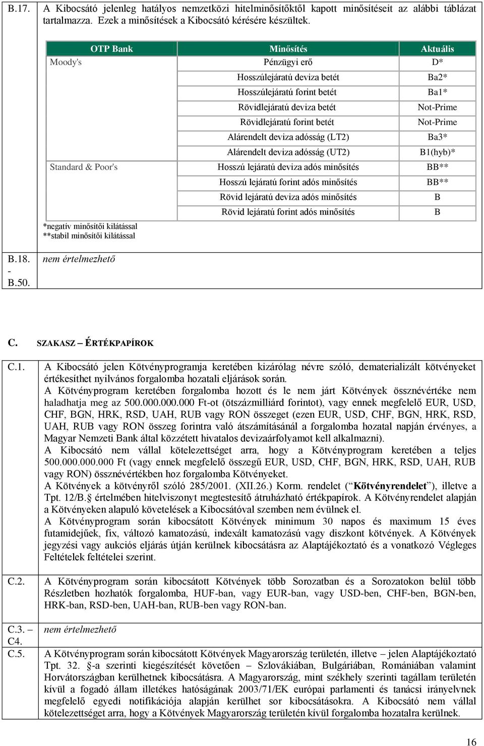 Alárendelt deviza adósság (UT2) Ba2* Ba1* Not-Prime Not-Prime Ba3* B1(hyb)* Standard & Poor's Hosszú lejáratú deviza adós minősítés BB** *negatív minősítői kilátással **stabil minősítői kilátással