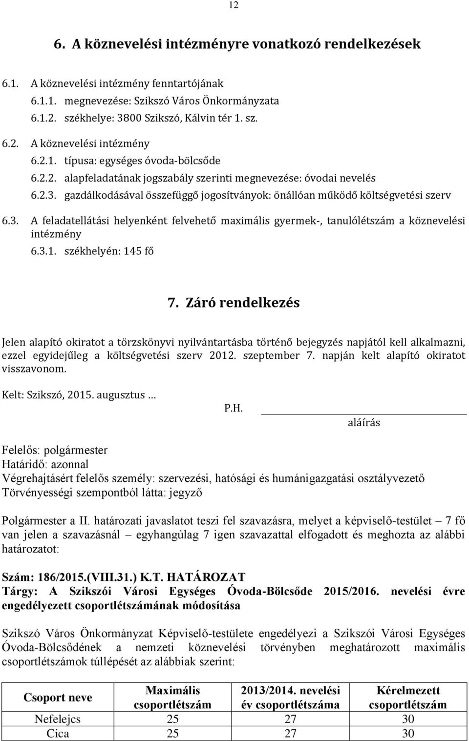 gazdálkodásával összefüggő jogosítványok: önállóan működő költségvetési szerv 6.3. A feladatellátási helyenként felvehető maximális gyermek-, tanulólétszám a köznevelési intézmény 6.3.1.