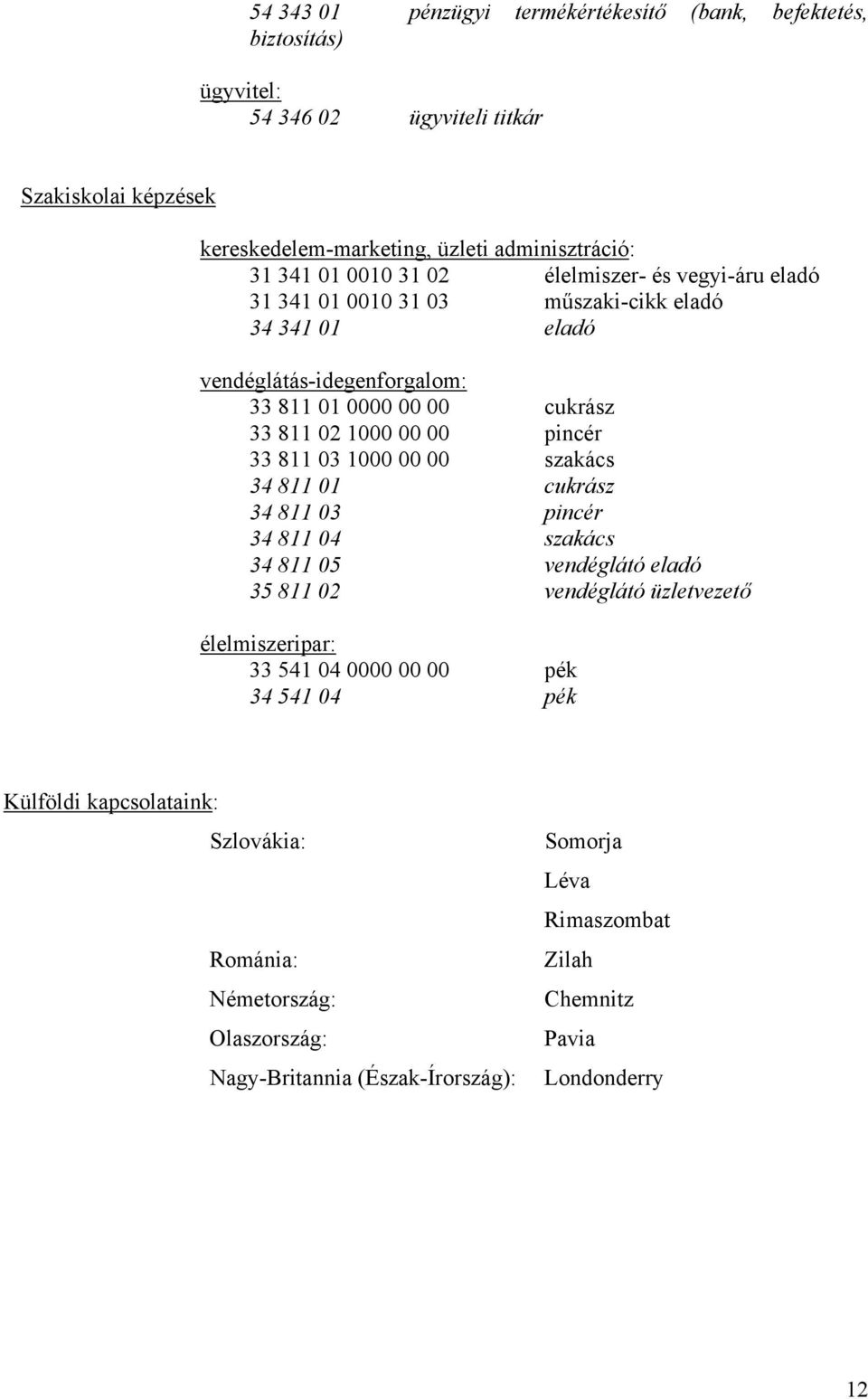 pincér 33 811 03 1000 00 00 szakács 34 811 01 cukrász 34 811 03 pincér 34 811 04 szakács 34 811 05 vendéglátó eladó 35 811 02 vendéglátó üzletvezető élelmiszeripar: 33 541 04 0000