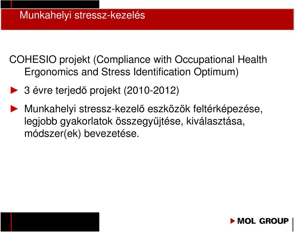 évre terjedı projekt (2010-2012) Munkahelyi stressz-kezelı eszközök