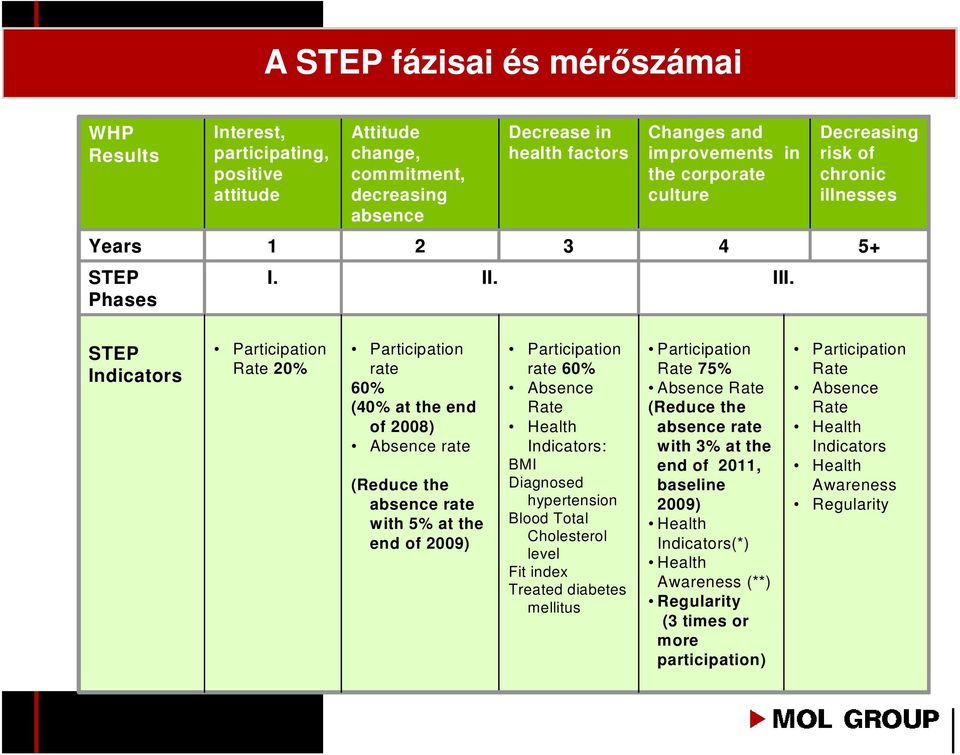 STEP Indicators Participation Rate 20% Participation rate 60% (40% at the end of 2008) Absence rate (Reduce the absence rate with 5% at the end of 2009) Participation rate 60% Absence Rate Health