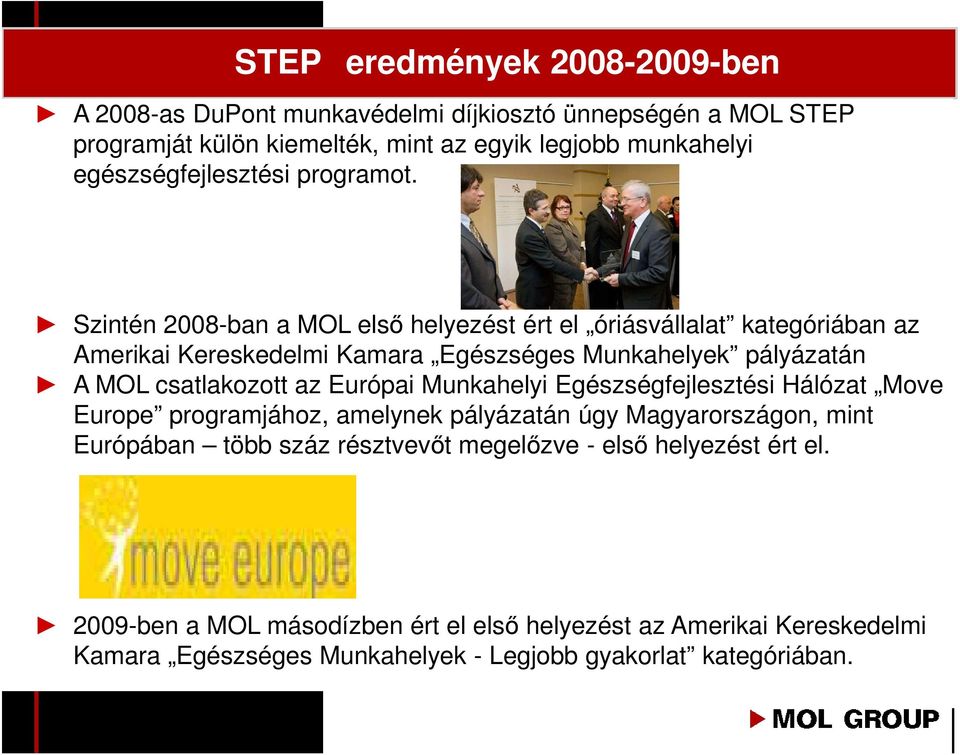 Szintén 2008-ban a MOL elsı helyezést ért el óriásvállalat kategóriában az Amerikai Kereskedelmi Kamara Egészséges Munkahelyek pályázatán A MOL csatlakozott az