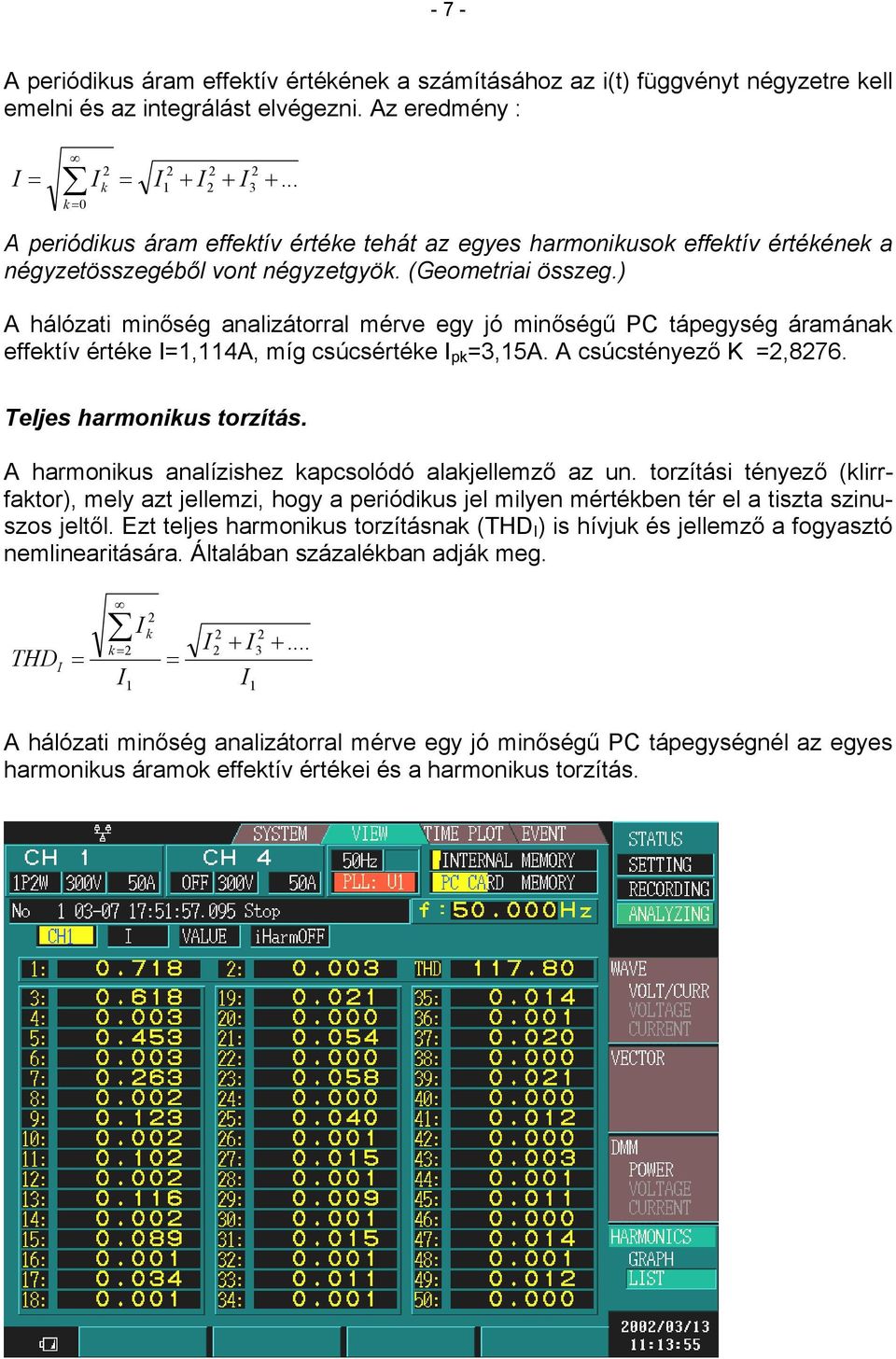 ) A hálózati minőség analizátorral mérve egy jó minőségű PC tápegység áramána effetív értée,4a, míg csúcsértée p 3,5A. A csúcstényező K,876. eljes harmonius torzítás.