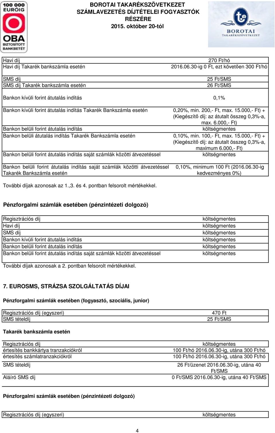 000,- Ft) Bankon belüli forint átutalás indítás Takarék Bankszámla esetén 0,10%, min. 100,- Ft, max. 15.000,- Ft) + maximum 6.000,- Ft) Takarék Bankszámla esetén 0,10%, minimum 100 Ft (2016.06.