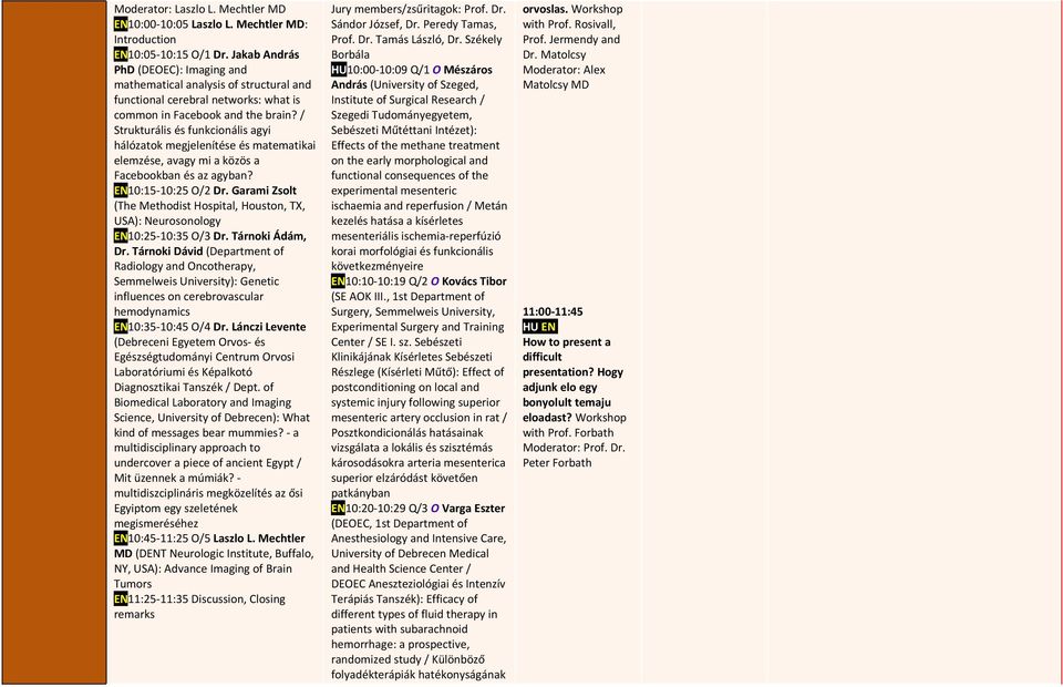 / Strukturális és funkcionális agyi hálózatok megjelenítése és matematikai elemzése, avagy mi a közös a Facebookban és az agyban? EN10:15-10:25 O/2 Dr.
