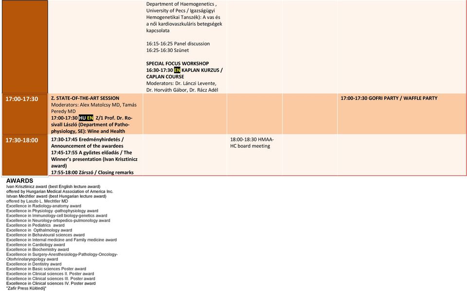 Rosivall László (Department of Pathophysiology, SE): Wine and Health 17:30-18:00 17:30-17:45 Eredményhirdetés / Announcement of the awardees 17:45-17:55 A győztes előadás / The Winner s presentation