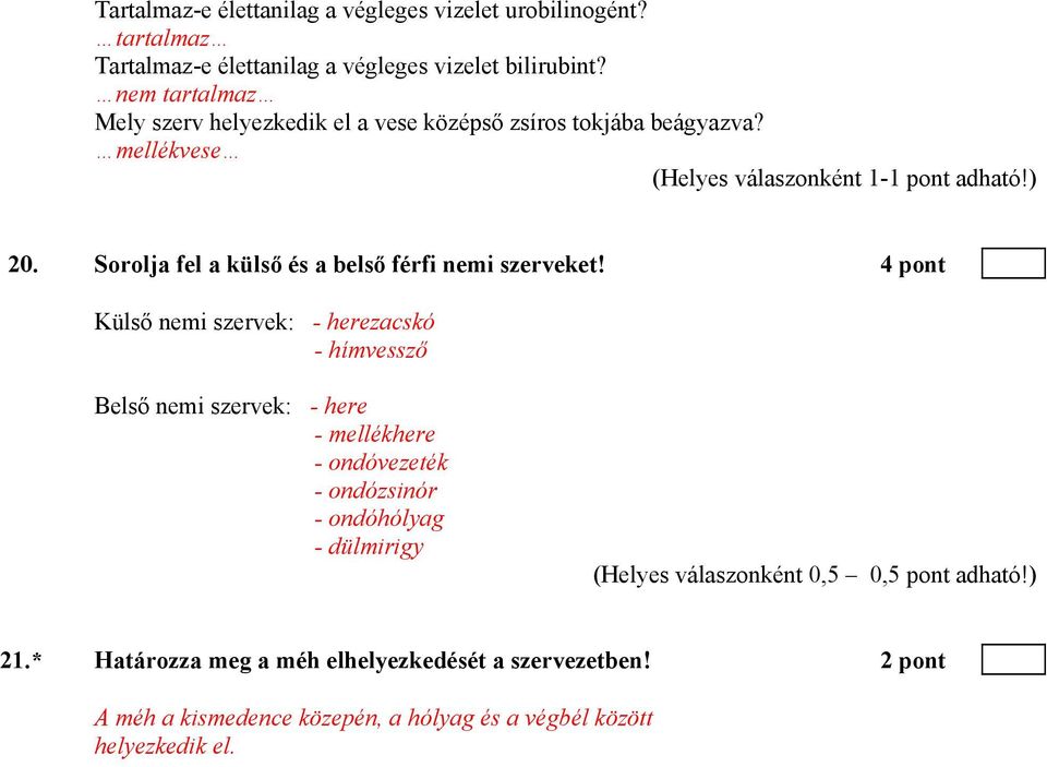 4 pont Külső nemi szervek: - herezacskó - hímvessző Belső nemi szervek: - here - mellékhere - ondóvezeték - ondózsinór - ondóhólyag - dülmirigy