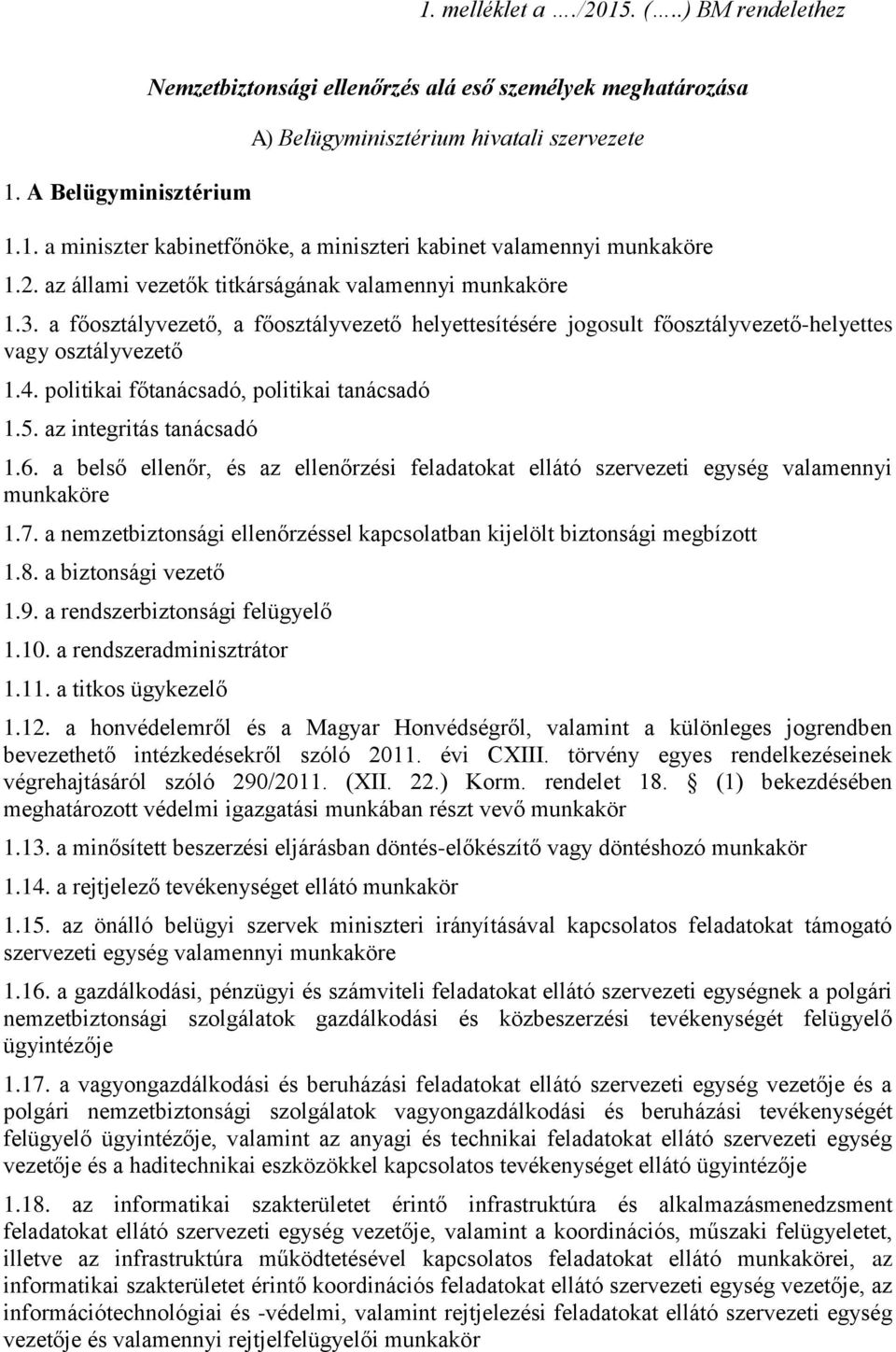 politikai főtanácsadó, politikai tanácsadó 1.5. az integritás tanácsadó 1.6. a belső ellenőr, és az ellenőrzési feladatokat ellátó szervezeti egység valamennyi munkaköre 1.7.