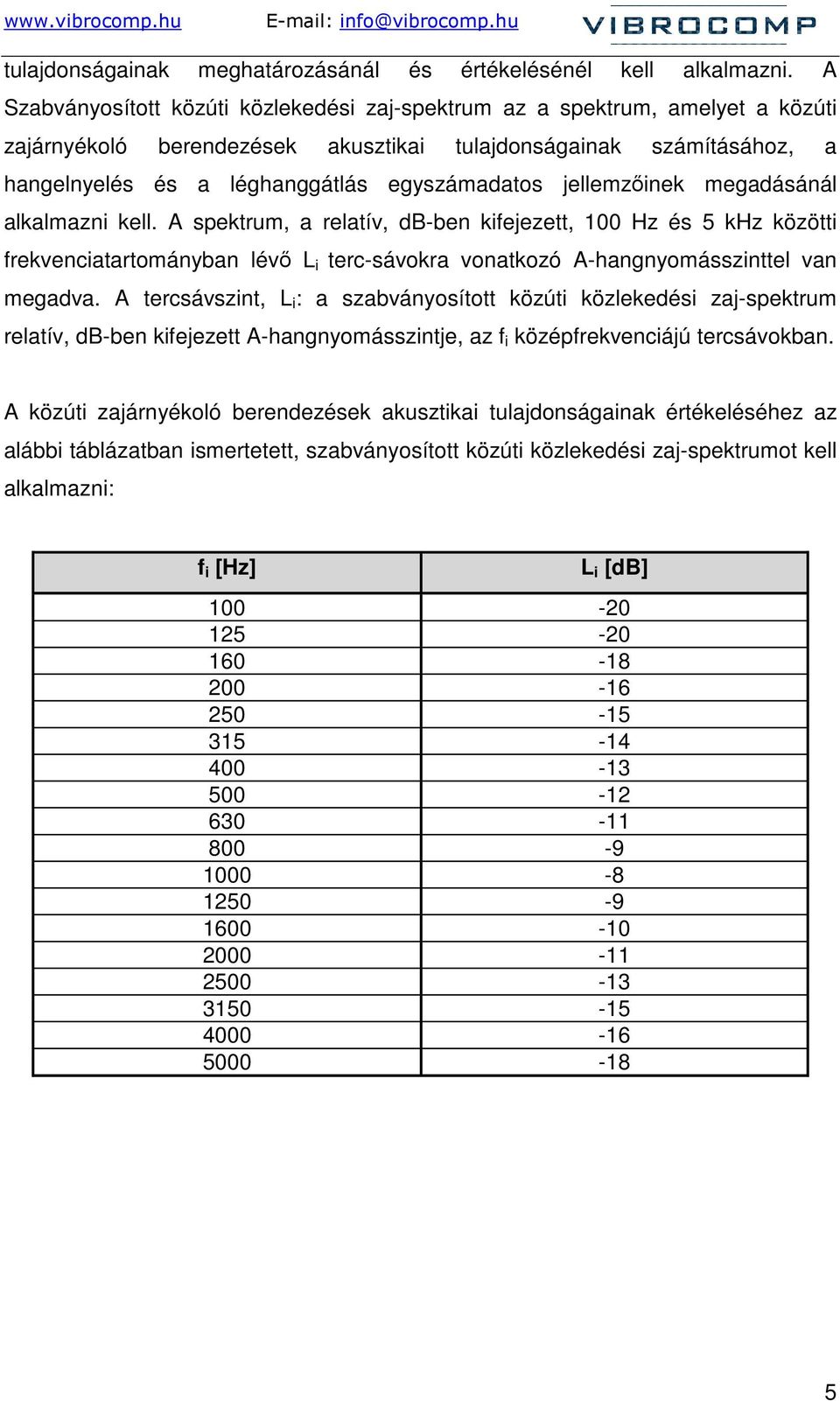 jellemzıinek megadásánál alkalmazni kell. A spektrum, a relatív, db-ben kifejezett, 100 Hz és 5 khz közötti frekvenciatartományban lévı L i terc-sávokra vonatkozó A-hangnyomásszinttel van megadva.