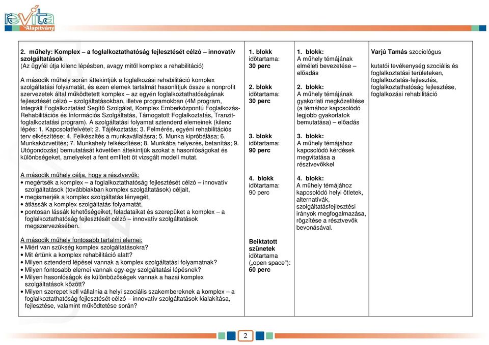 célzó szolgáltatásokban, illetve programokban (4M program, Integrált Foglalkoztatást Segítı Szolgálat, Komplex Emberközpontú Foglalkozás- Rehabilitációs és Információs Szolgáltatás, Támogatott