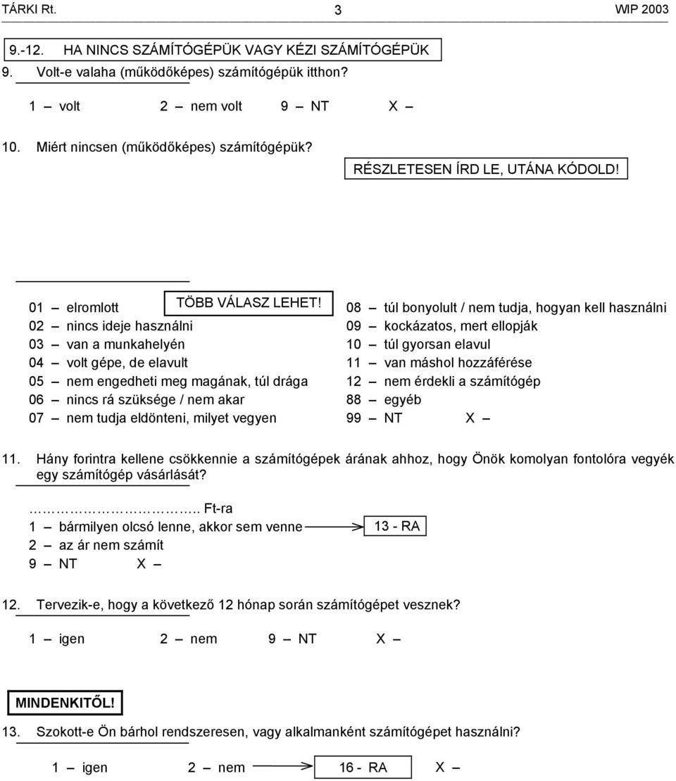 02 nincs ideje használni 03 van a munkahelyén 04 volt gépe, de elavult 05 nem engedheti meg magának, túl drága 06 nincs rá szüksége / nem akar 07 nem tudja eldönteni, milyet vegyen 08 túl bonyolult /