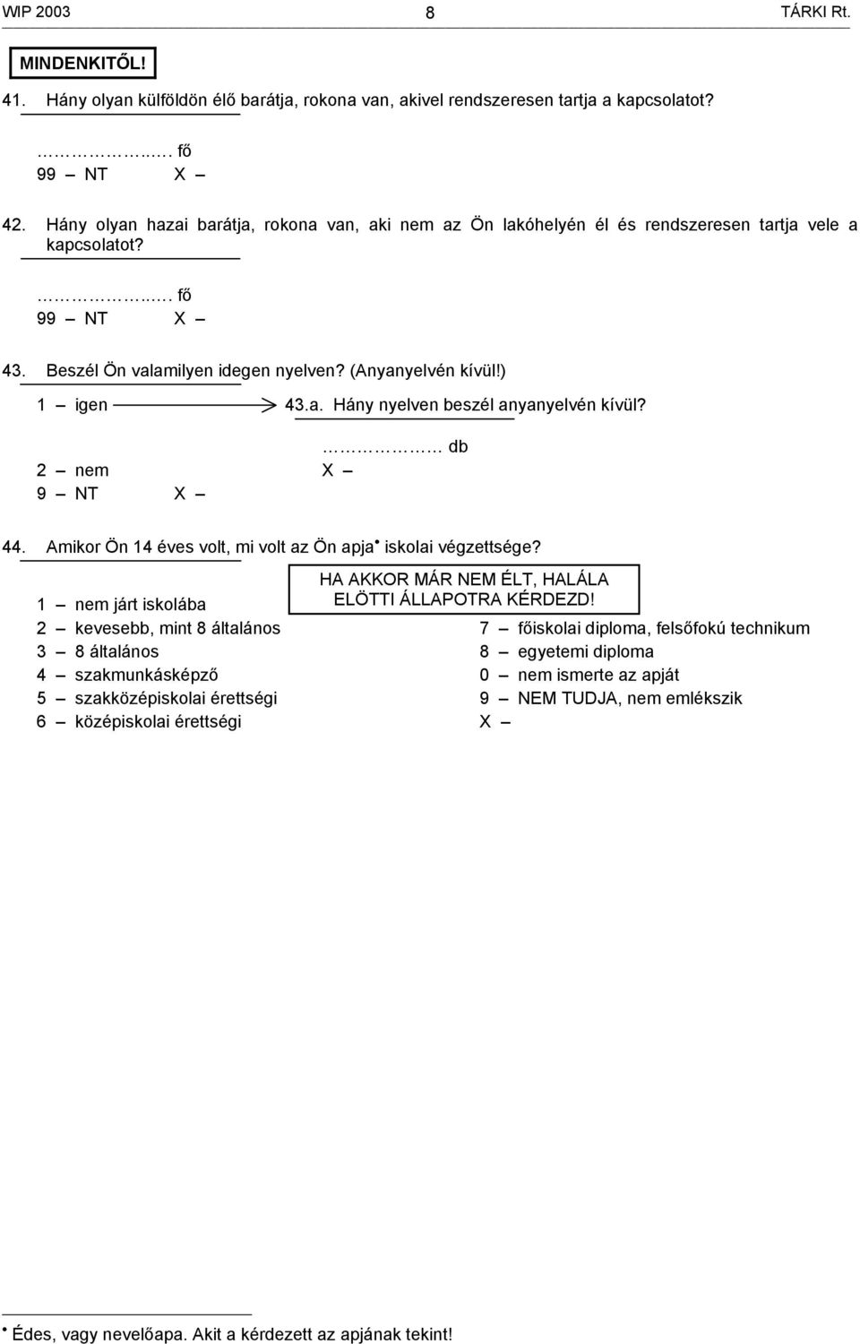 db 2 nem 44. Amikor Ön 14 éves volt, mi volt az Ön apja iskolai végzettsége?