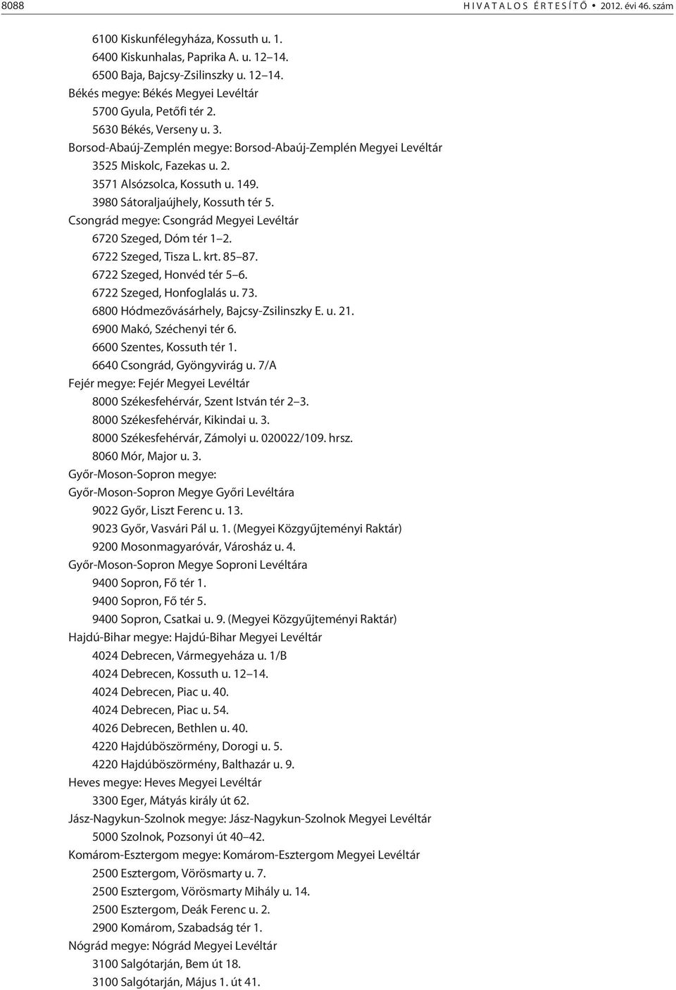 Csongrád megye: Csongrád Megyei Levéltár 6720 Szeged, Dóm tér 1 2. 6722 Szeged, Tisza L. krt. 85 87. 6722 Szeged, Honvéd tér 5 6. 6722 Szeged, Honfoglalás u. 73.