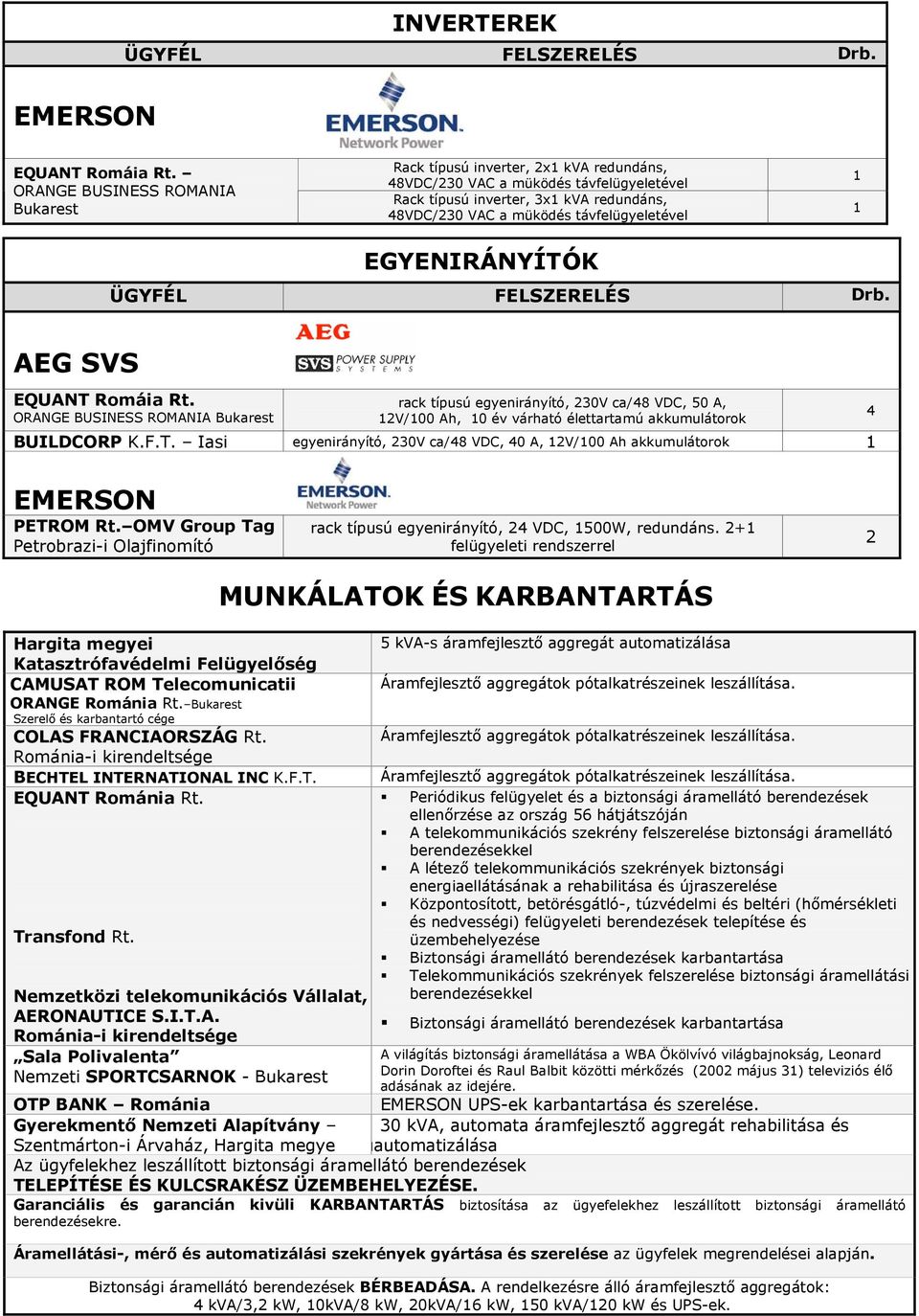 ÜGYFÉL FELSZERELÉS AEG SVS EQUANT Romáia Rt. ORANGE BUSINESS ROMANIA rack típusú egyenirányító, 0V ca/8 VDC, 0 A, V/00 Ah, 0 év várható élettartamú akkumulátorok BUILDCORP K.F.T. Iasi egyenirányító, 0V ca/8 VDC, 0 A, V/00 Ah akkumulátorok EMERSON PETROM Rt.