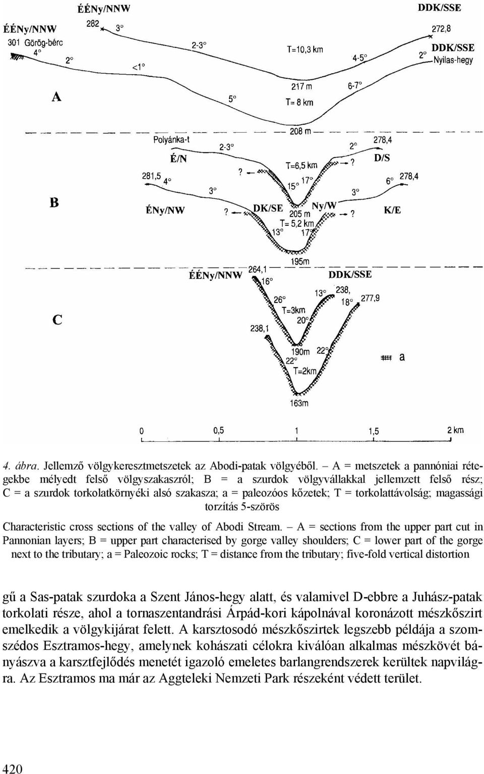 torkolattávolság; magassági torzítás 5-szörös Characteristic cross sections of the valley of Abodi Stream.