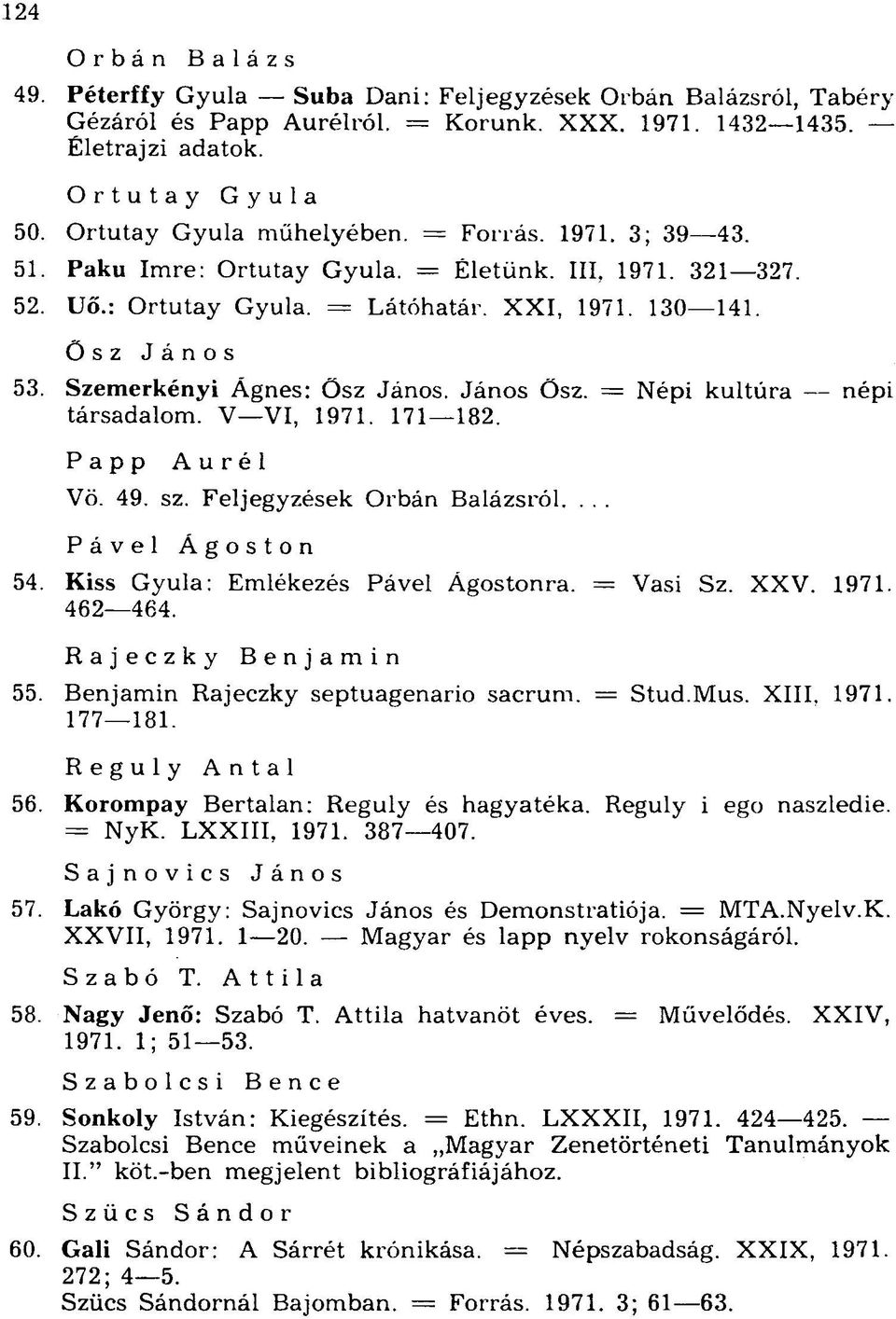 Szemerkényi Ágnes: Ösz János. János Ösz. = Népi kultúra népi társadalom. V VI, 1971. 171 182. Papp Aurél Vő. 49. sz. Feljegyzések Orbán Balázsról.... Pável Ágoston 54.