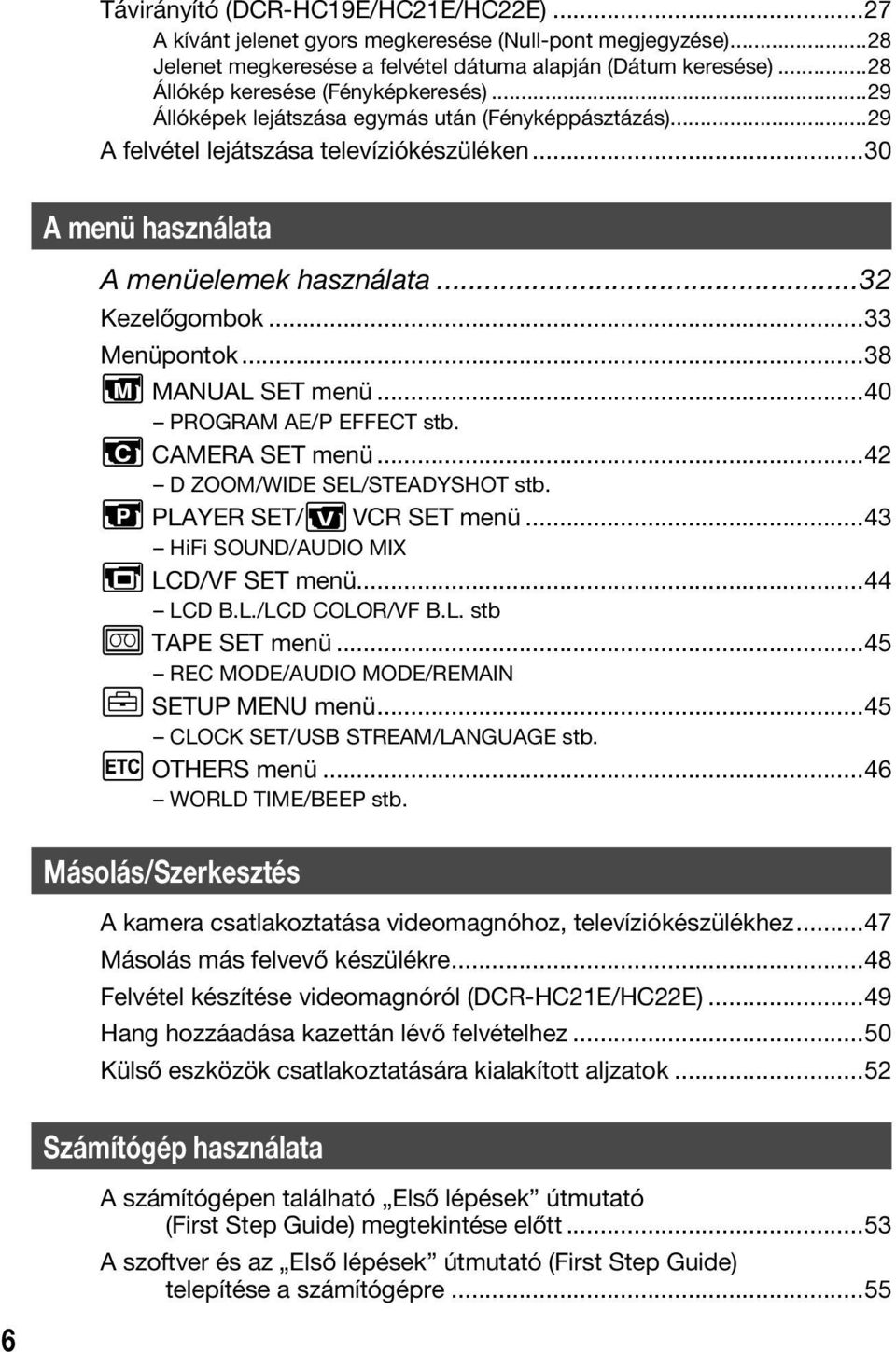 ..32 Kezelőgombok...33 Menüpontok...38 MANUAL SET menü...40 PROGRAM AE/P EFFECT stb. CAMERA SET menü...42 D ZOOM/WIDE SEL/STEADYSHOT stb. PLAYER SET/ VCR SET menü.