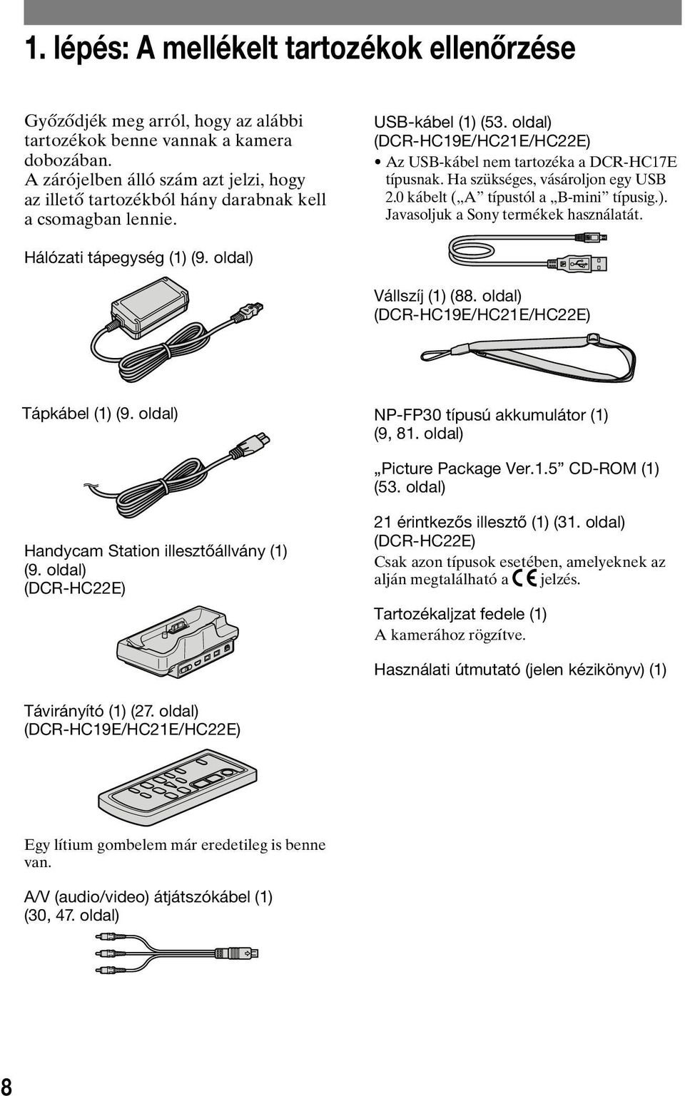 Ha szükséges, vásároljon egy USB 2.0 kábelt ( A típustól a B-mini típusig.). Javasoljuk a Sony termékek használatát. Hálózati tápegység (1) (9. oldal) Vállszíj (1) (88.