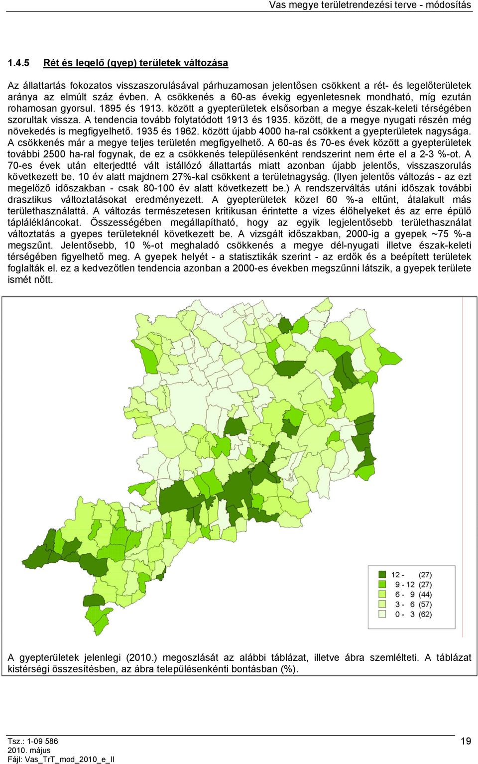 A tendencia tovább folytatódott 1913 és 1935. között, de a megye nyugati részén még növekedés is megfigyelhető. 1935 és 1962. között újabb 4000 ha-ral csökkent a gyepterületek nagysága.