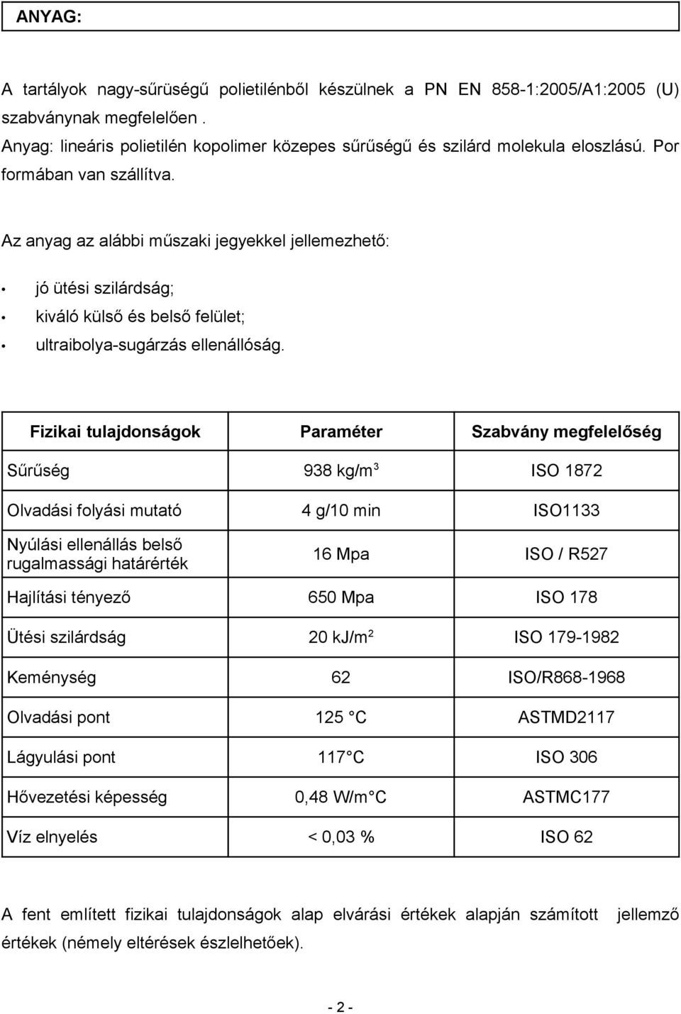 Fizikai tulajdonságok Paraméter Szabvány megfelelőség Sűrűség 938 kg/m 3 ISO 1872 Olvadási folyási mutató 4 g/10 min ISO1133 Nyúlási ellenállás belső rugalmassági határérték 16 Mpa ISO / R527