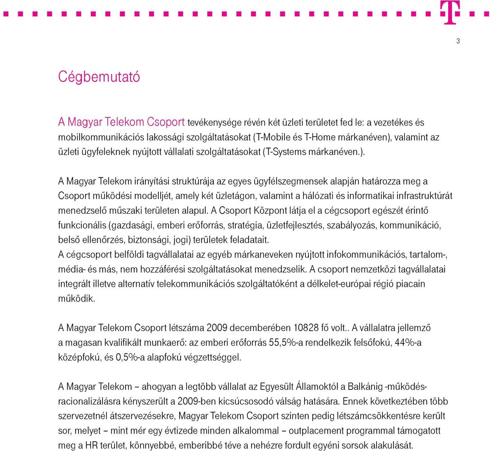 A Magyar Telekom irányítási struktúrája az egyes ügyfélszegmensek alapján határozza meg a Csoport működési modelljét, amely két üzletágon, valamint a hálózati és informatikai infrastruktúrát