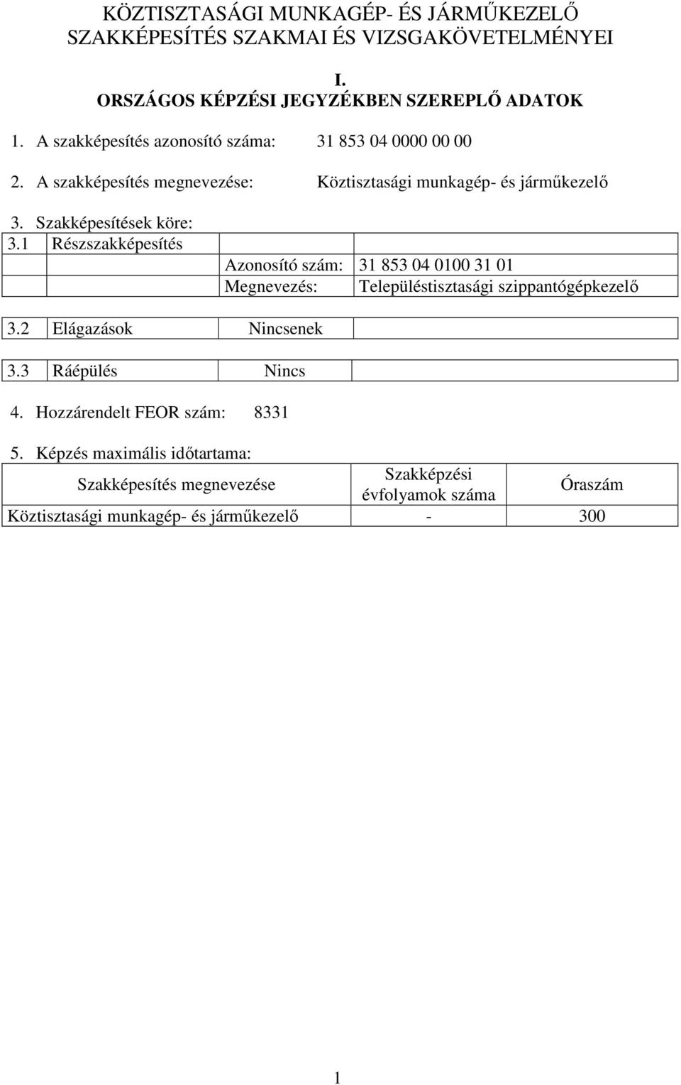 1 Részszakképesítés Azonosító szám: 31 853 04 0100 31 01 Megnevezés: Településtisztasági szippantógépkezelő 3.2 Elágazások Nincsenek 3.