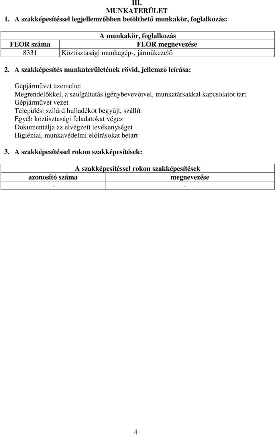 2. A szakképesítés munkaterületének rövid, jellemző leírása: Gépjárművet üzemeltet Megrendelőkkel, a szolgáltatás igénybevevőivel, munkatársakkal kapcsolatot tart