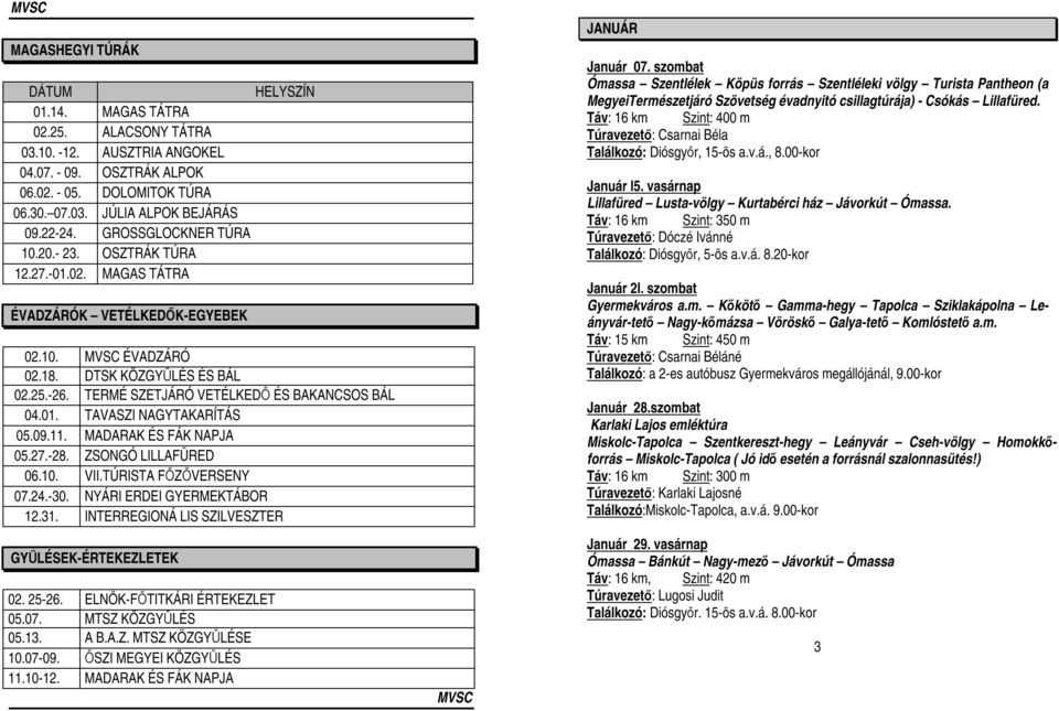 01. TAVASZI NAGYTAKARÍTÁS 05.09.11. MADARAK ÉS FÁK NAPJA 05.27.-28. ZSONGÓ LILLAFÜRED 06.10. VII.TÚRISTA FŐZŐVERSENY 07.24.-30. NYÁRI ERDEI GYERMEKTÁBOR 12.31.