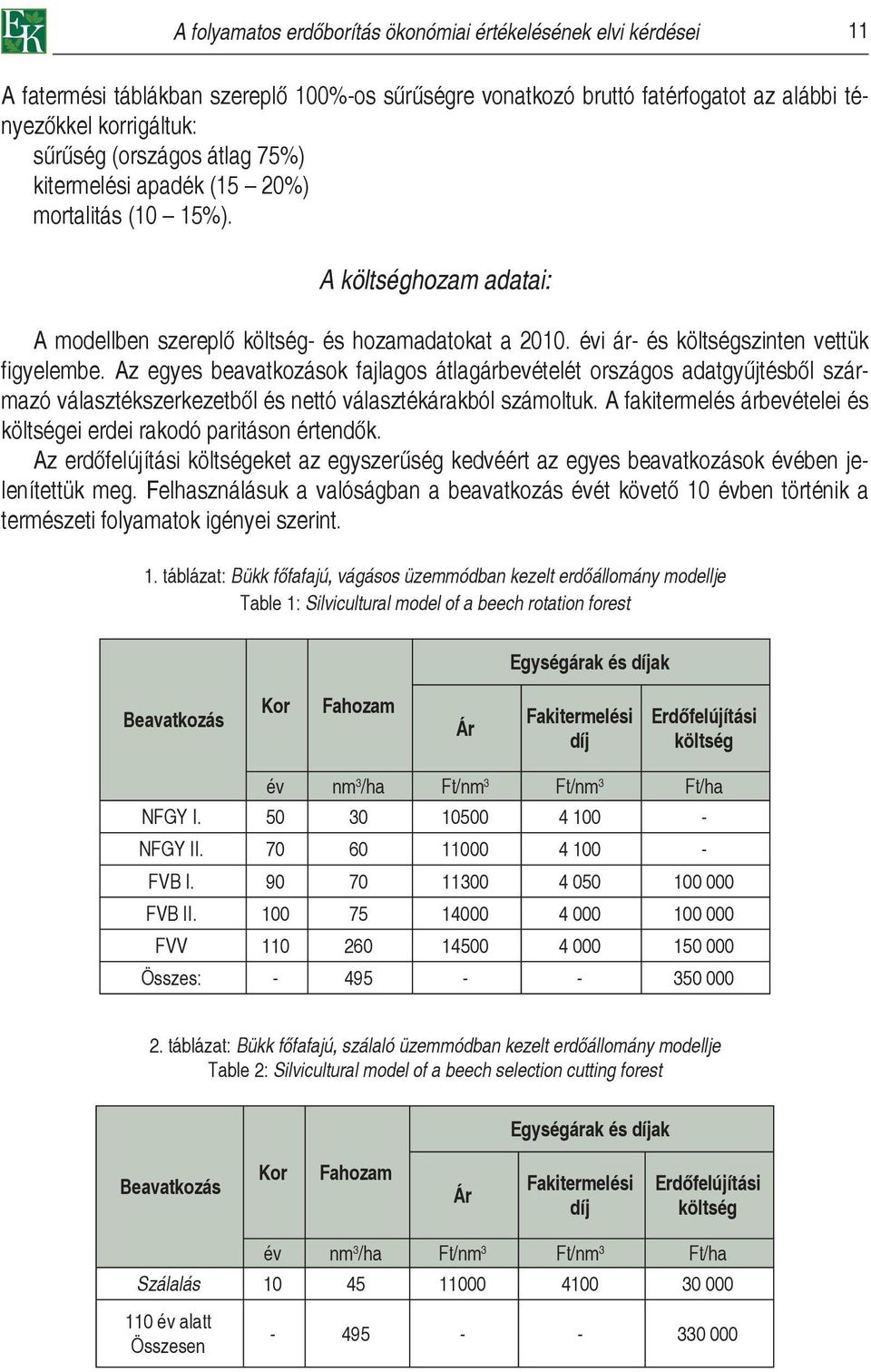 Az egyes beavatkozások fajlagos átlagárbevételét országos adatgyűjtésből származó választékszerkezetből és nettó választékárakból számoltuk.