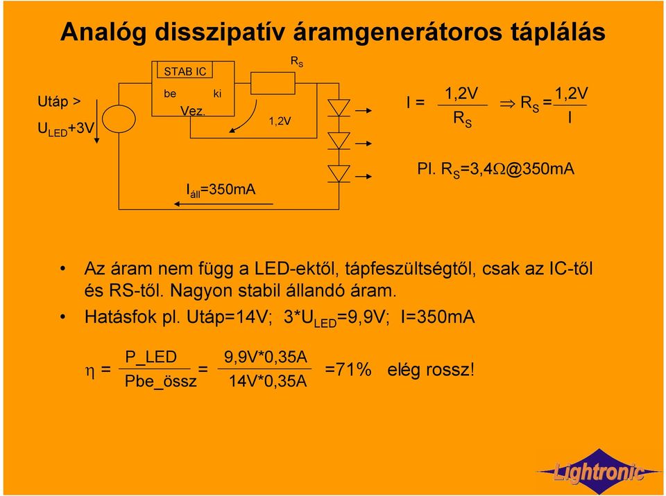 R S =3,4 @350mA Az áram nem függ a LED-ektől, tápfeszültségtől, csak az IC-től és