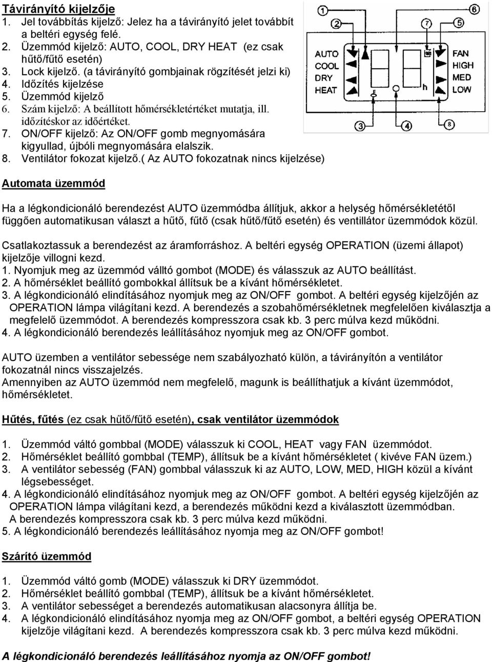 ON/OFF kijelző: Az ON/OFF gomb megnyomására kigyullad, újbóli megnyomására elalszik. 8. Ventilátor fokozat kijelző.