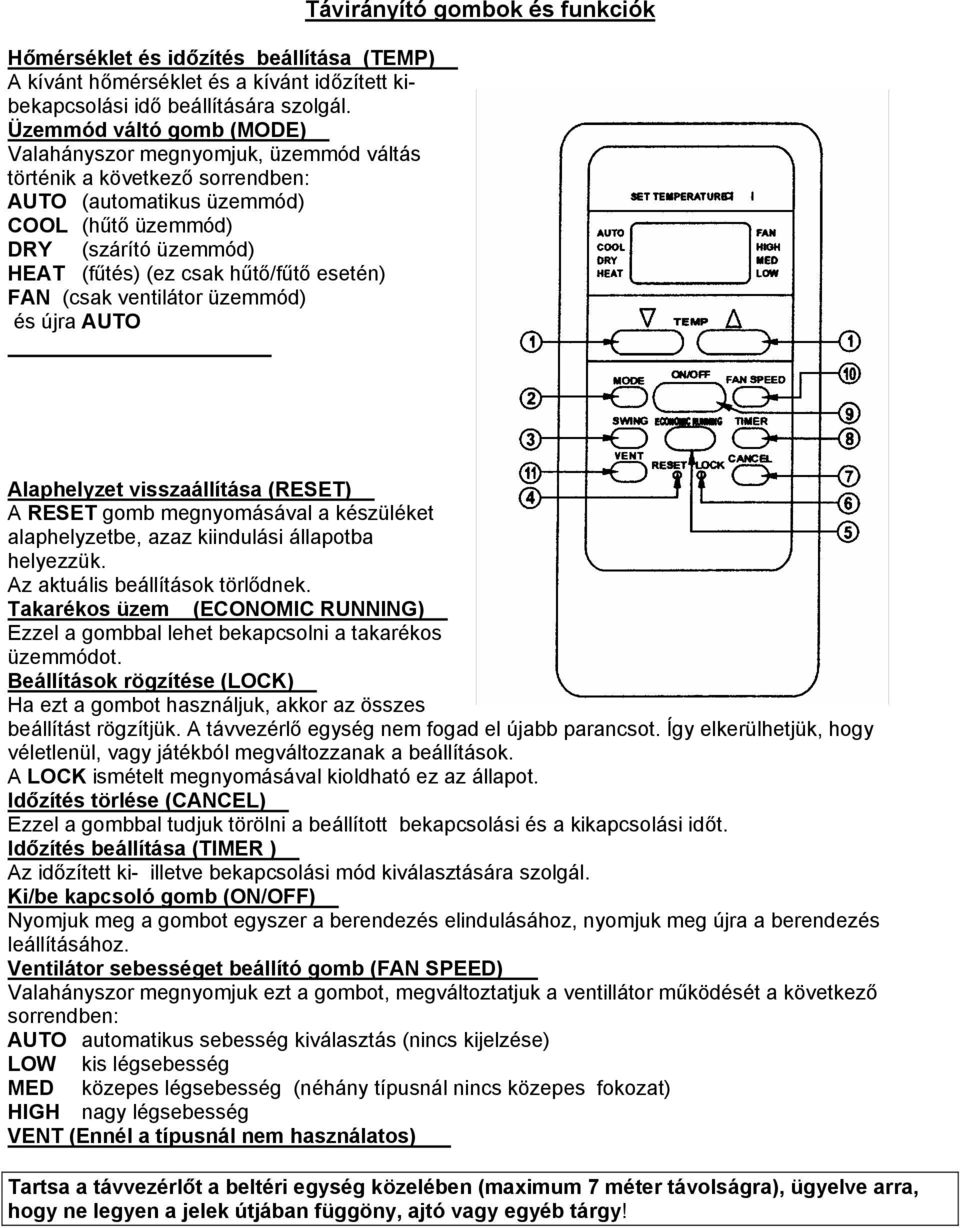 esetén) FAN (csak ventilátor üzemmód) és újra AUTO Távirányító gombok és funkciók Alaphelyzet visszaállítása (RESET) A RESET gomb megnyomásával a készüléket alaphelyzetbe, azaz kiindulási állapotba