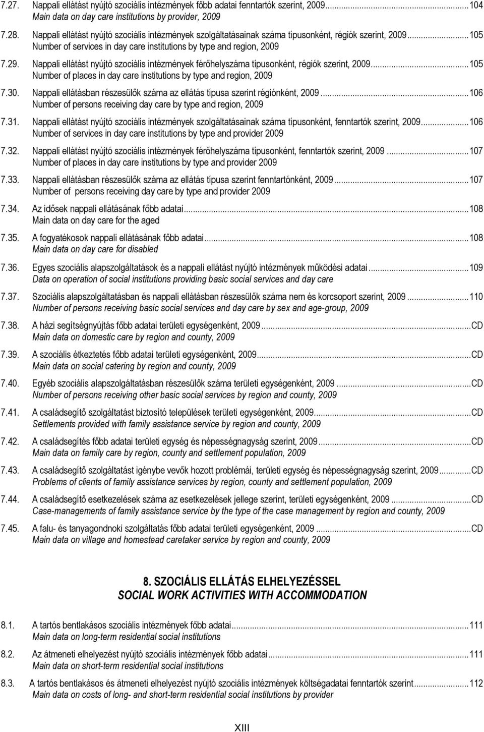 Nappali ellátást nyújtó szociális intézmények férőhely típusonként, régiók szerint, 2009...105 Number of places in day care institutions by type and region, 2009 7.30.