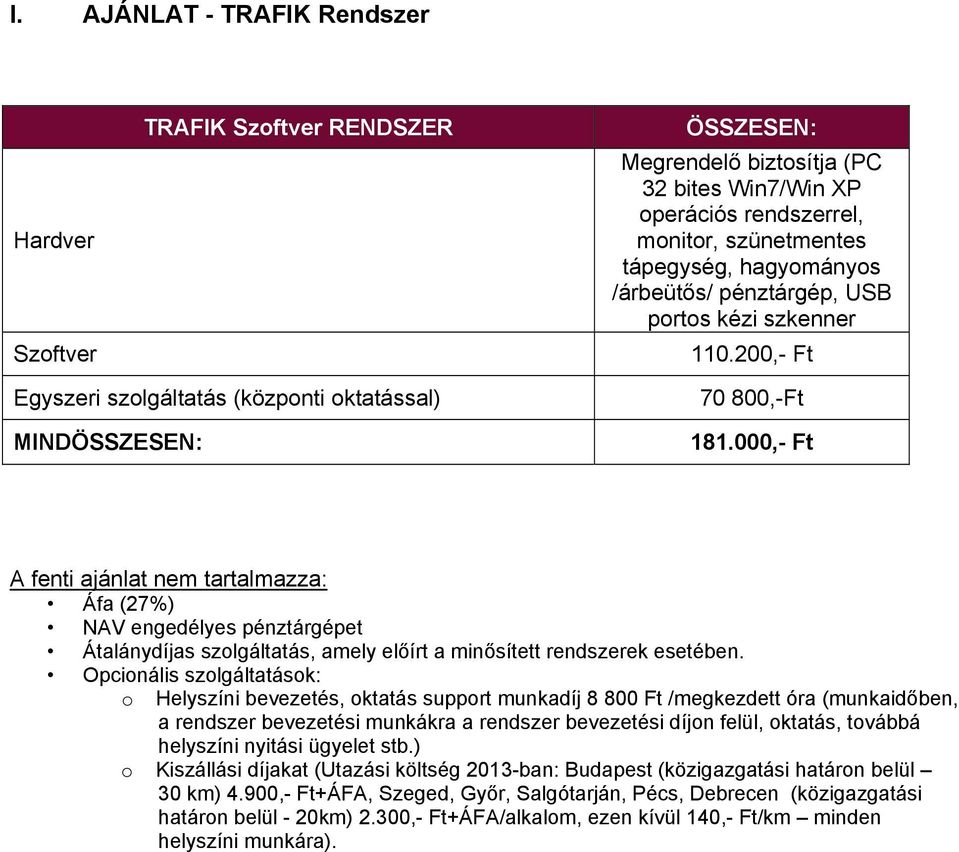 000,- Ft A fenti ajánlat nem tartalmazza: Áfa (27%) NAV engedélyes pénztárgépet Átalánydíjas szolgáltatás, amely előírt a minősített rendszerek esetében.