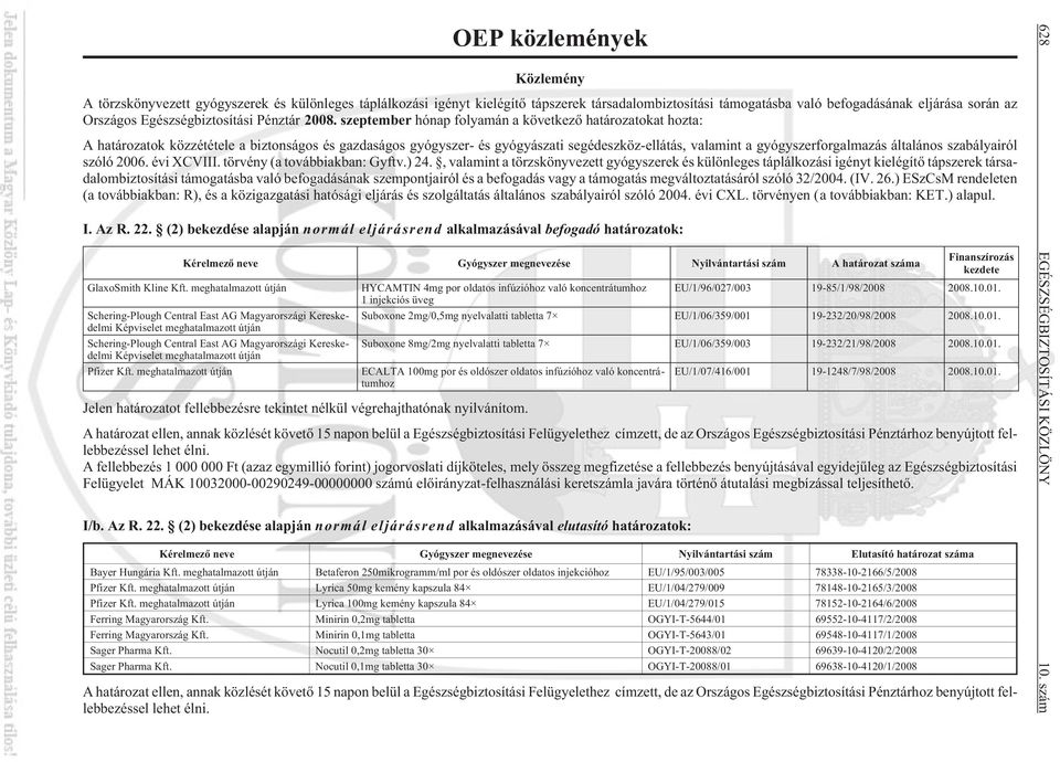 szeptember hónap folyamán a következõ határozatokat hozta: A határozatok közzététele a biztonságos és gazdaságos gyógyszer- és gyógyászati segédeszköz-ellátás, valamint a gyógyszerforgalmazás