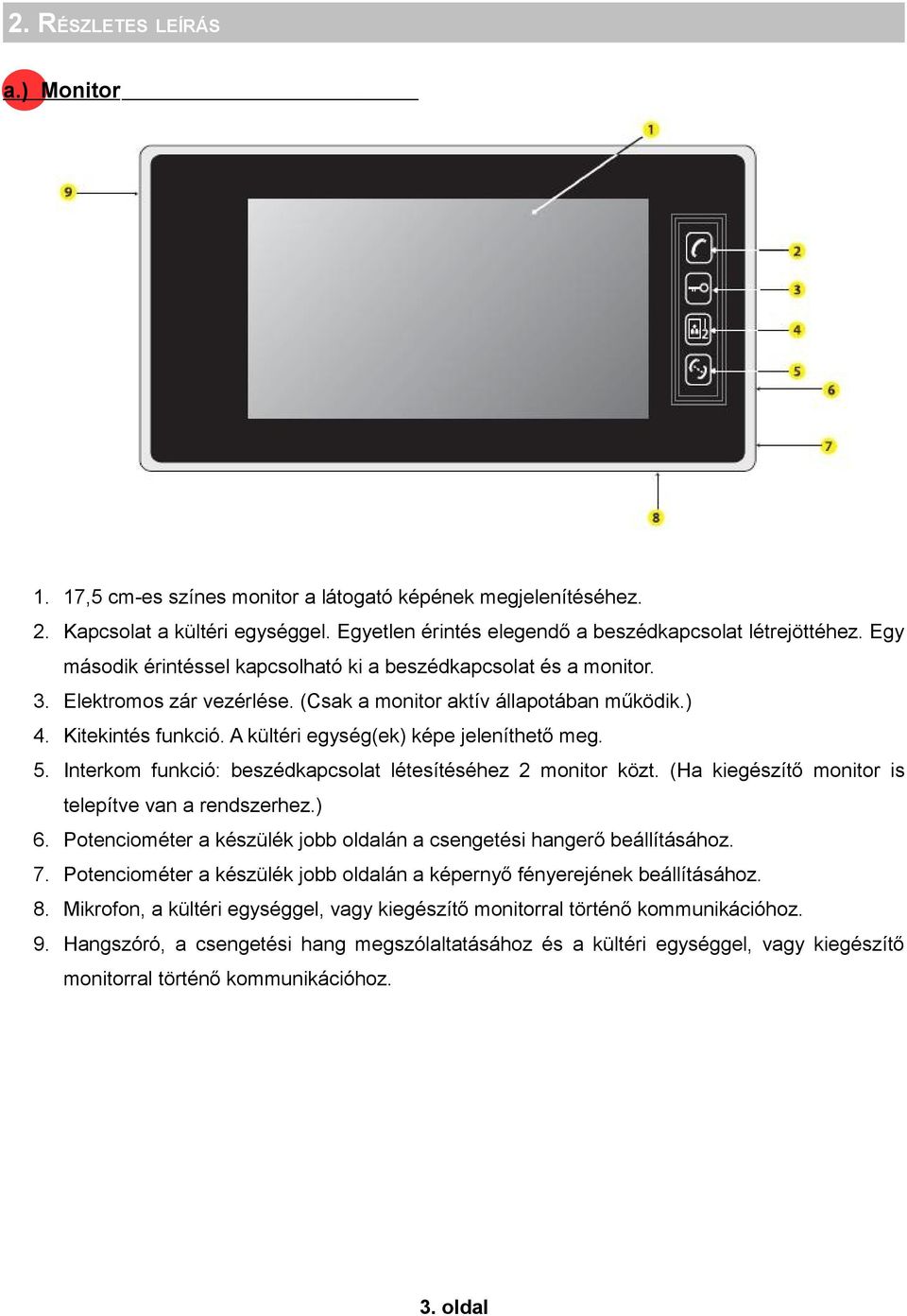 A kültéri egység(ek) képe jeleníthető meg. 5. Interkom funkció: beszédkapcsolat létesítéséhez 2 monitor közt. (Ha kiegészítő monitor is telepítve van a rendszerhez.) 6.