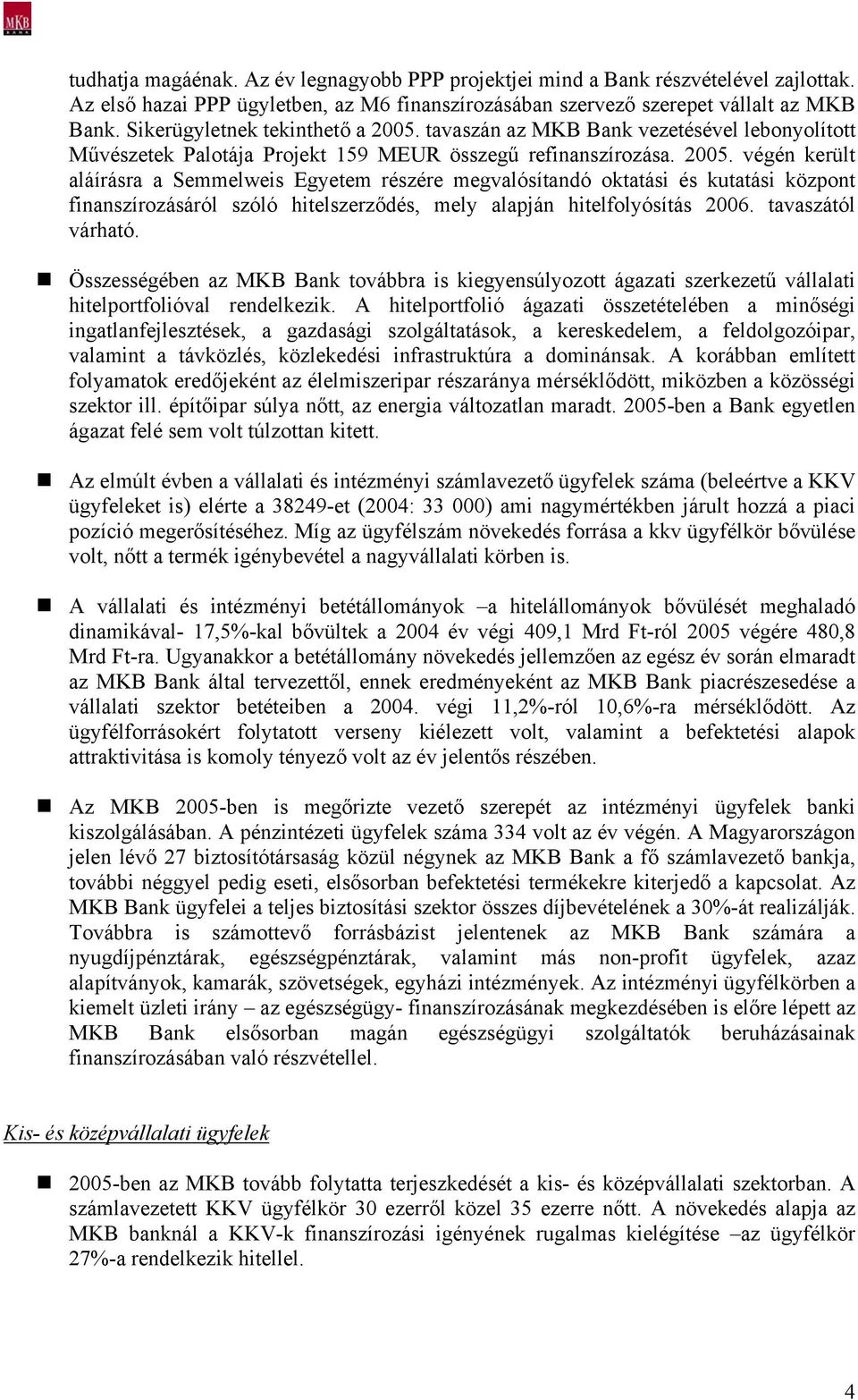 tavaszán az MKB Bank vezetésével lebonyolított Művészetek Palotája Projekt 159 MEUR összegű refinanszírozása. 2005.