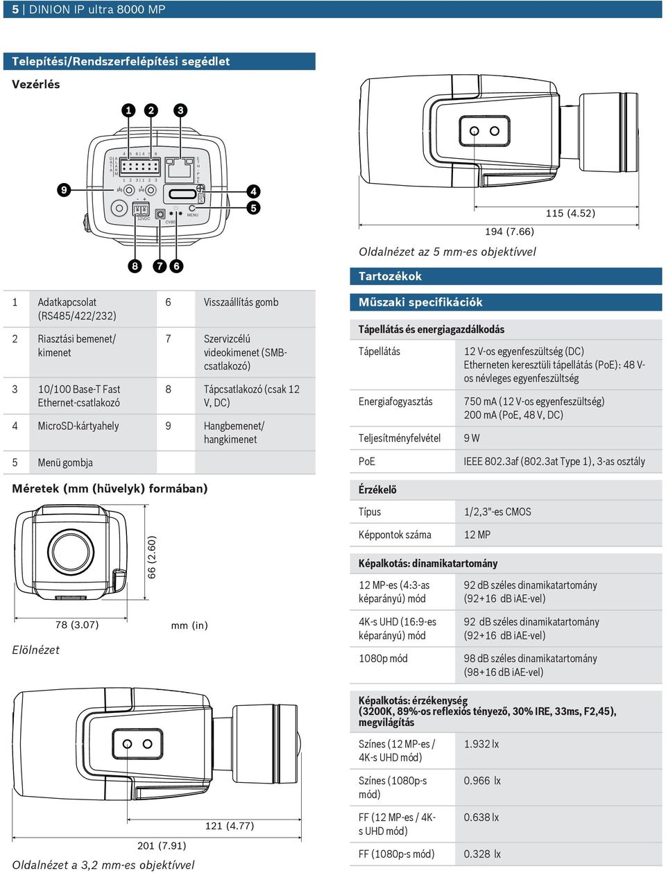 (SMBcsatlakozó) 8 Tápcsatlakozó (csak 12 V, DC) 4 MicroSD-kártyahely 9 Hangbemenet/ hangkimenet Műszaki specifikációk Tápellátás és energiagazdálkodás Tápellátás Energiafogyasztás