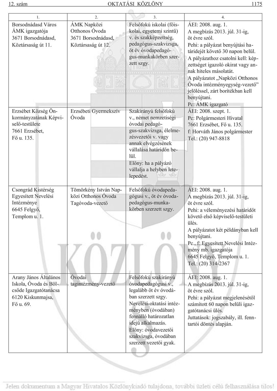 és szakképzettség, pedagógus-szakvizsga, öt év óvodapedagógus-munkakörben szerzett szgy. Szakirányú felsõfokú v., német nemzetiségi óvodai pedagógus-szakvizsga, élelmezésvezetõi v.