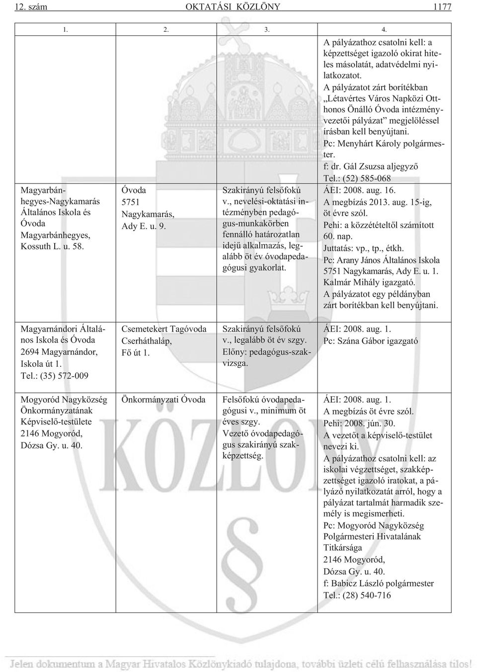 A pályázathoz csatolni kell: a képzettséget igazoló okirat hiteles másolatát, adatvédelmi nyilatkozatot.