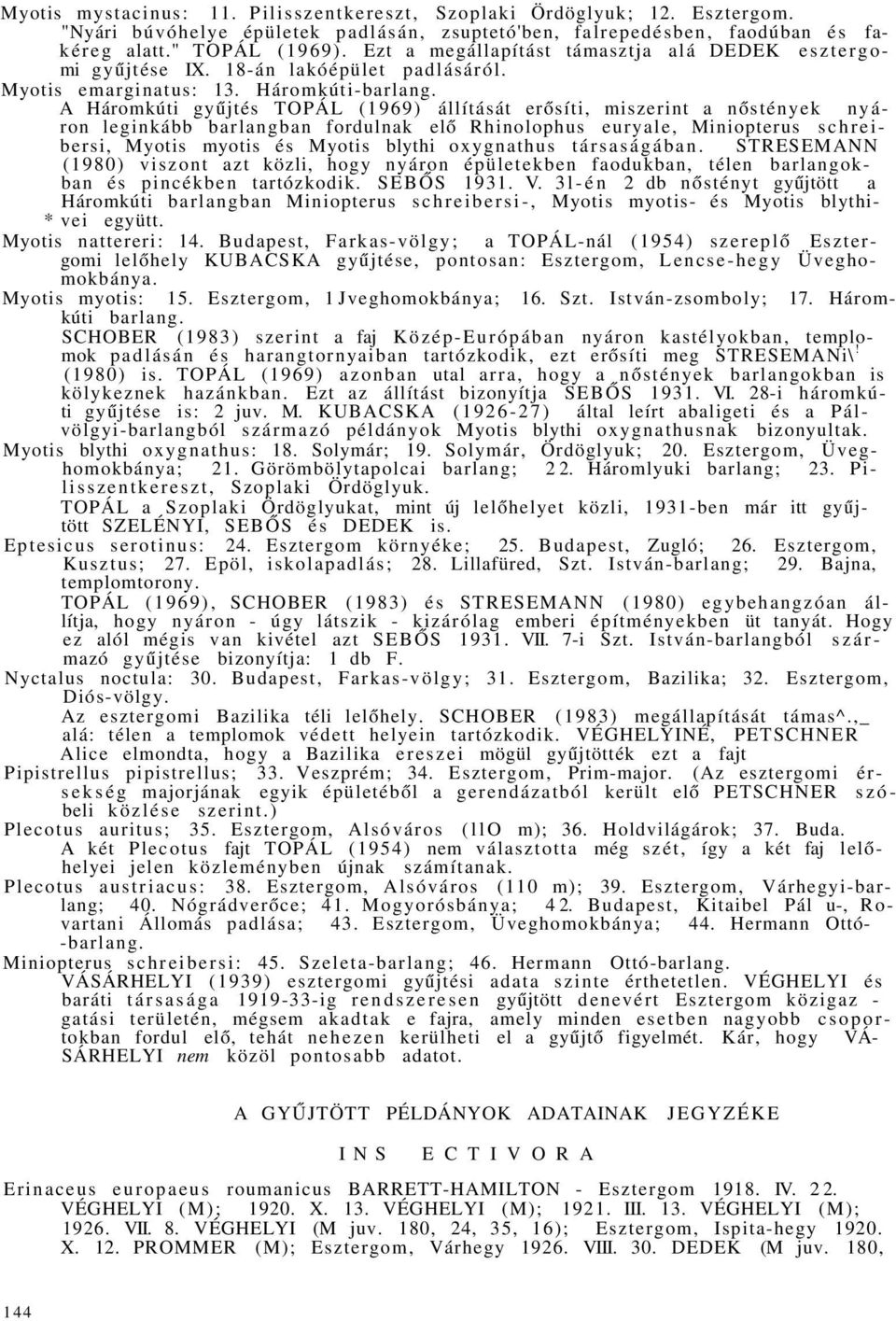 A Háromkúti gyűjtés TOPÁL (1969) állítását erősíti, miszerint a nőstények nyáron leginkább barlangban fordulnak elő Rhinolophus euryale, Miniopterus schreibersi, Myotis myotis és Myotis blythi