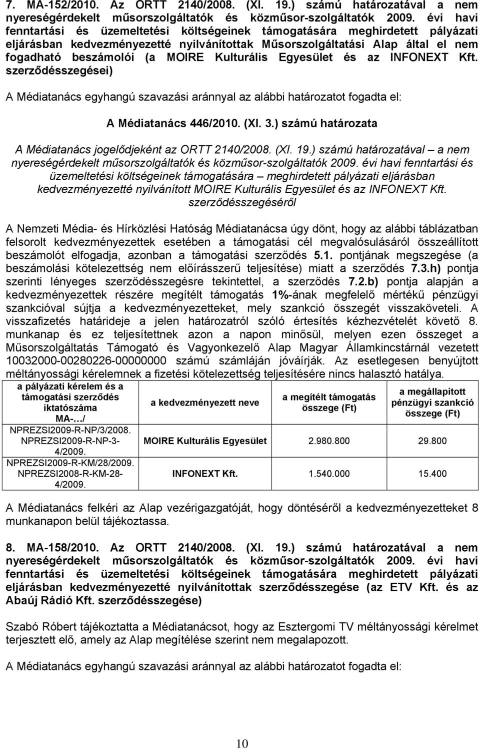 Kulturális Egyesület és az INFONEXT Kft. szerződésszegései) A Médiatanács 446/2010. (XI. 3.) számú határozata A Médiatanács jogelődjeként az ORTT 2140/2008. (XI. 19.