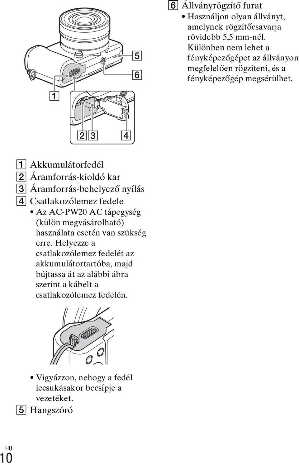 A Akkumulátorfedél B Áramforrás-kioldó kar C Áramforrás-behelyező nyílás D Csatlakozólemez fedele Az AC-PW20 AC tápegység (külön megvásárolható)