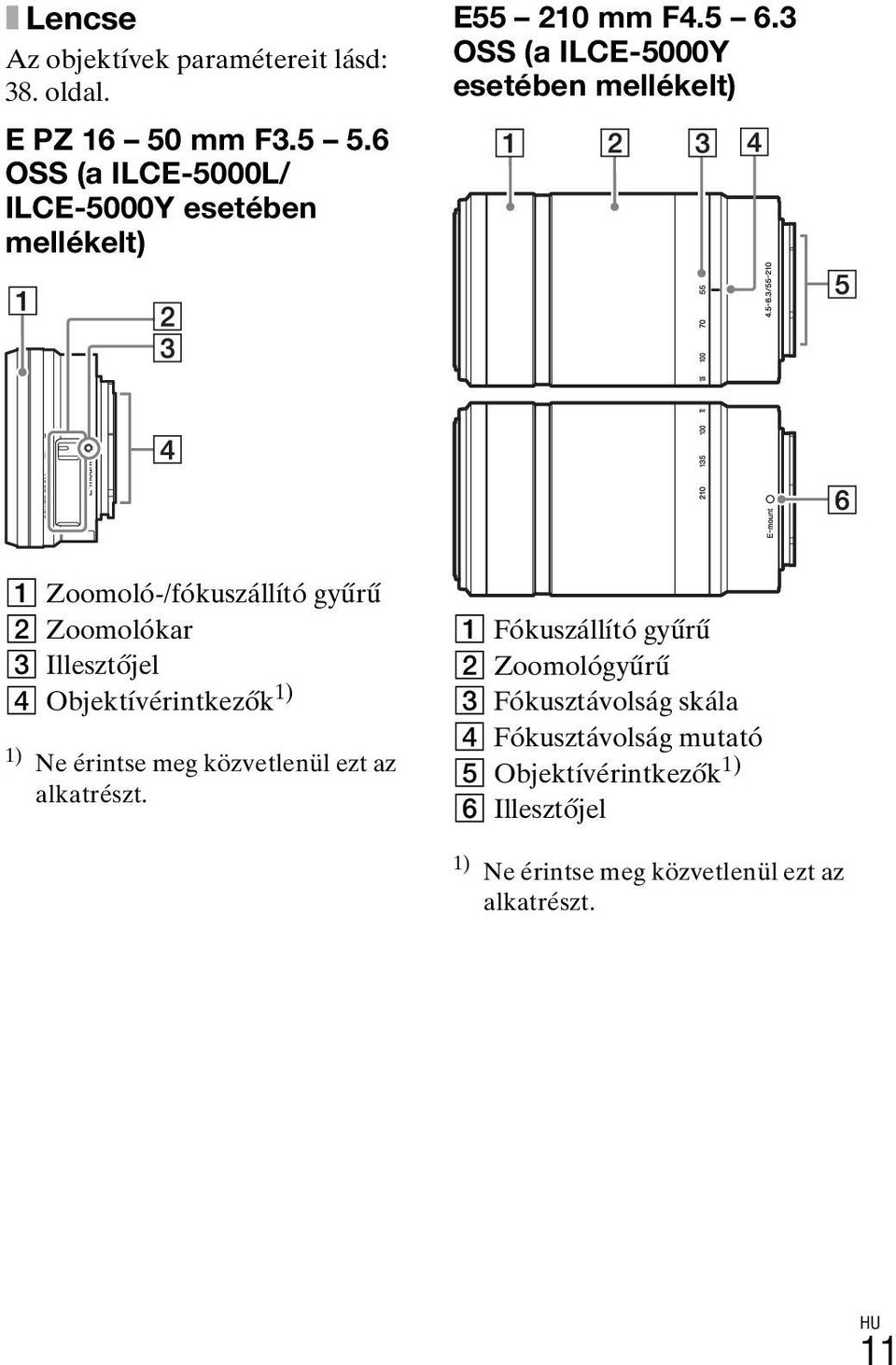 3 OSS (a ILCE-5000Y esetében mellékelt) A Zoomoló-/fókuszállító gyűrű B Zoomolókar C Illesztőjel D Objektívérintkezők 1)