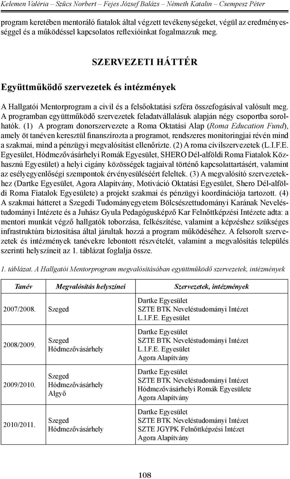 A programban együttműködő szervezetek feladatvállalásuk alapján négy csoportba sorolhatók.