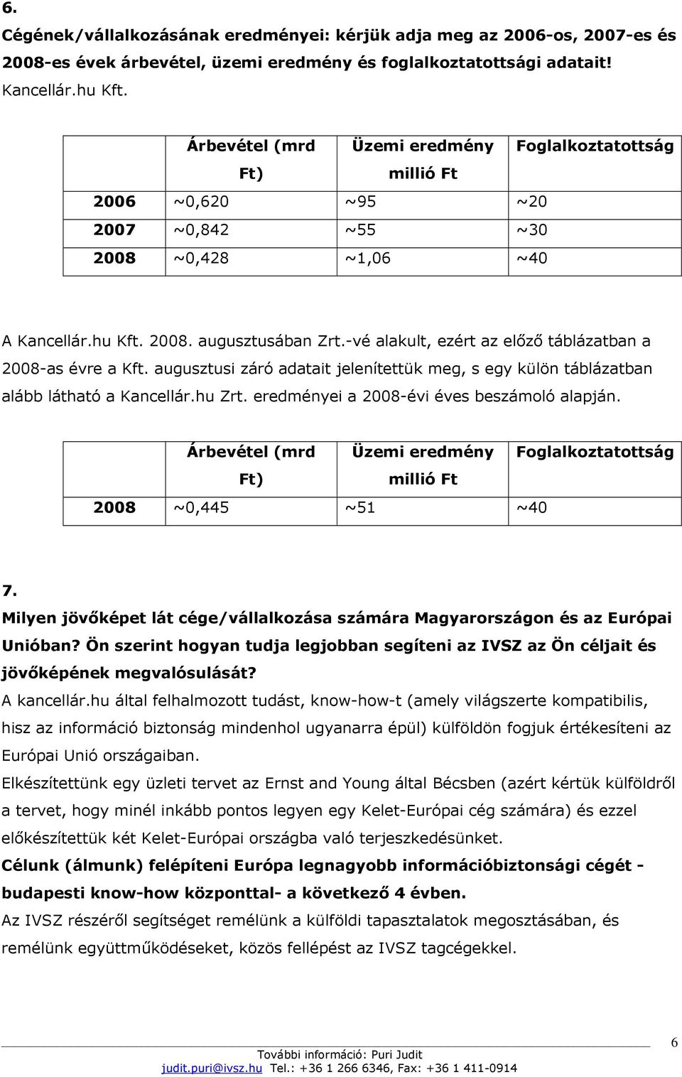 -vé alakult, ezért az elızı táblázatban a 2008-as évre a Kft. augusztusi záró adatait jelenítettük meg, s egy külön táblázatban alább látható a Kancellár.hu Zrt.