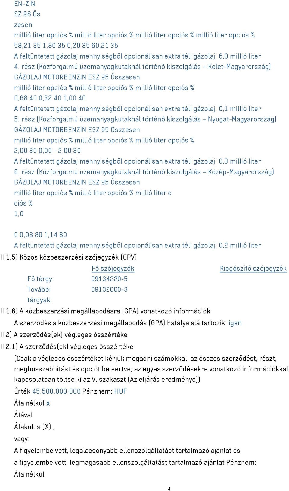 rész (Közforgalmú üzemanyagkutaknál történő kiszolgálás Kelet-Magyarország) GÁZOLAJ MOTORBENZIN ESZ 95 Összesen millió liter opciós % millió liter opciós % millió liter opciós % 0,68 40 0,32 40 1,00