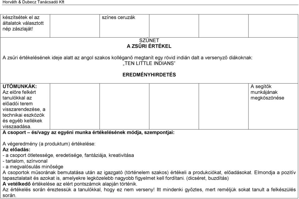 Az előre felkért tanulókkal az előadói terem visszarendezése, a technikai eszközök és egyéb kellékek visszaadása.