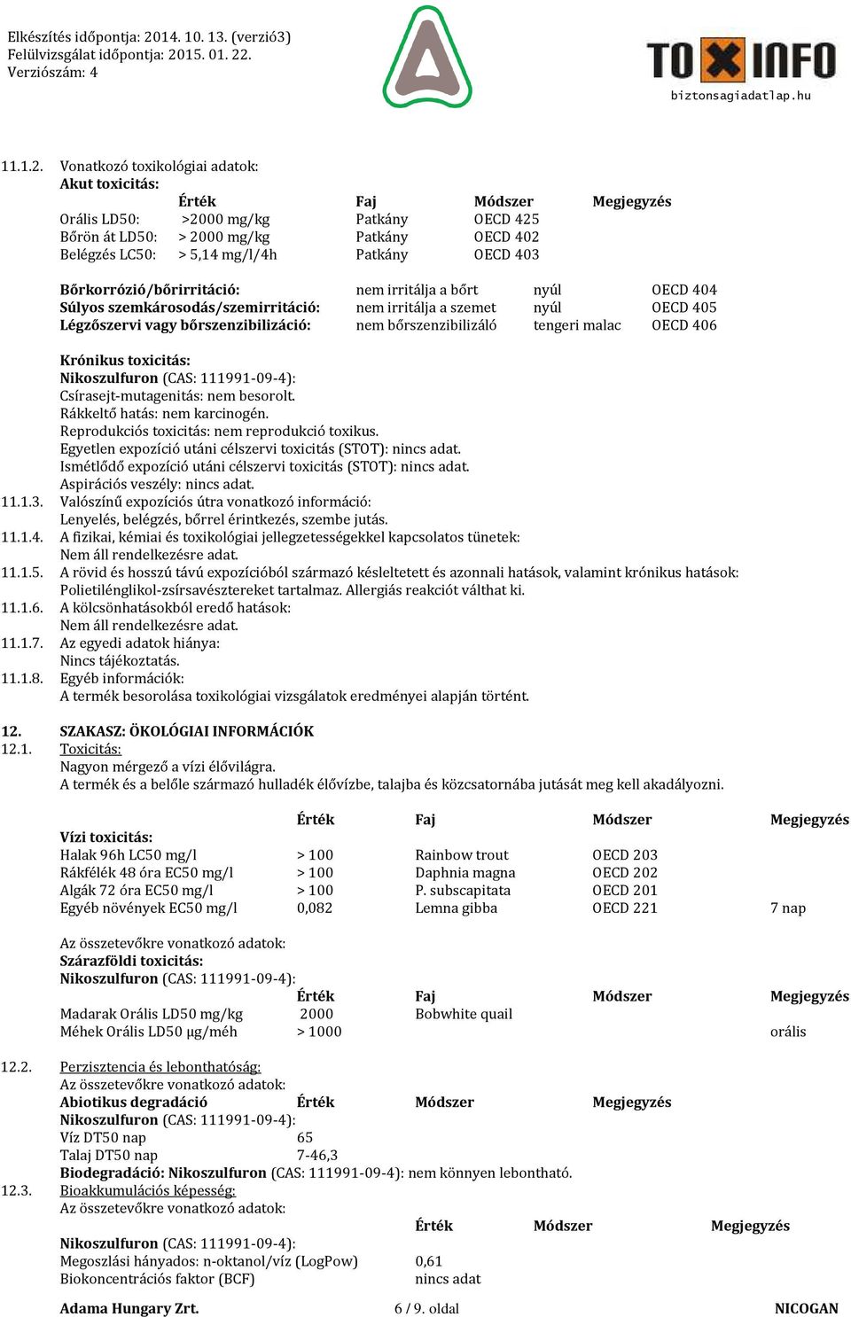 Vonatkozó toxikológiai adatok: Akut toxicitás: Érték Faj Módszer Megjegyzés Orális LD50: >2000 mg/kg Patkány OECD 425 Bőrön át LD50: > 2000 mg/kg Patkány OECD 402 Belégzés LC50: > 5,14 mg/l/4h