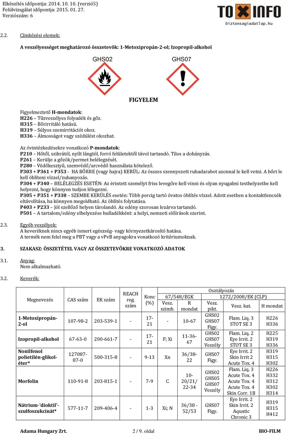 FIGYELEM Az óvintézkedésekre vonatkozó P-mondatok: P210 Hőtől, szikrától, nyílt lángtól, forró felületektől távol tartandó. Tilos a dohányzás. P261 Kerülje a gőzök/permet belélegzését.